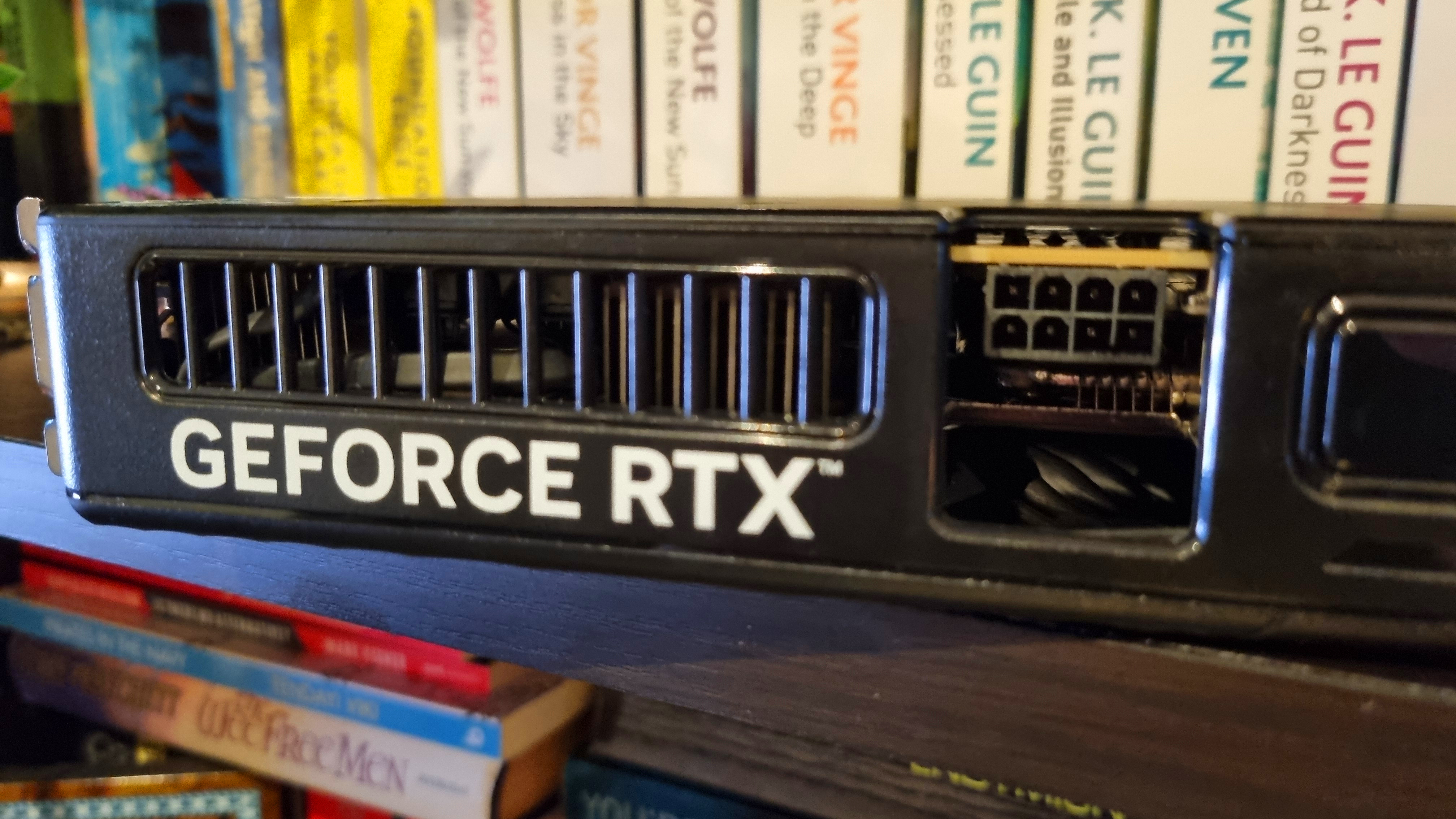 The top vents and pwoer connector of a Palit GeForce RTX 5060 Ti 8 GB Dual graphics card