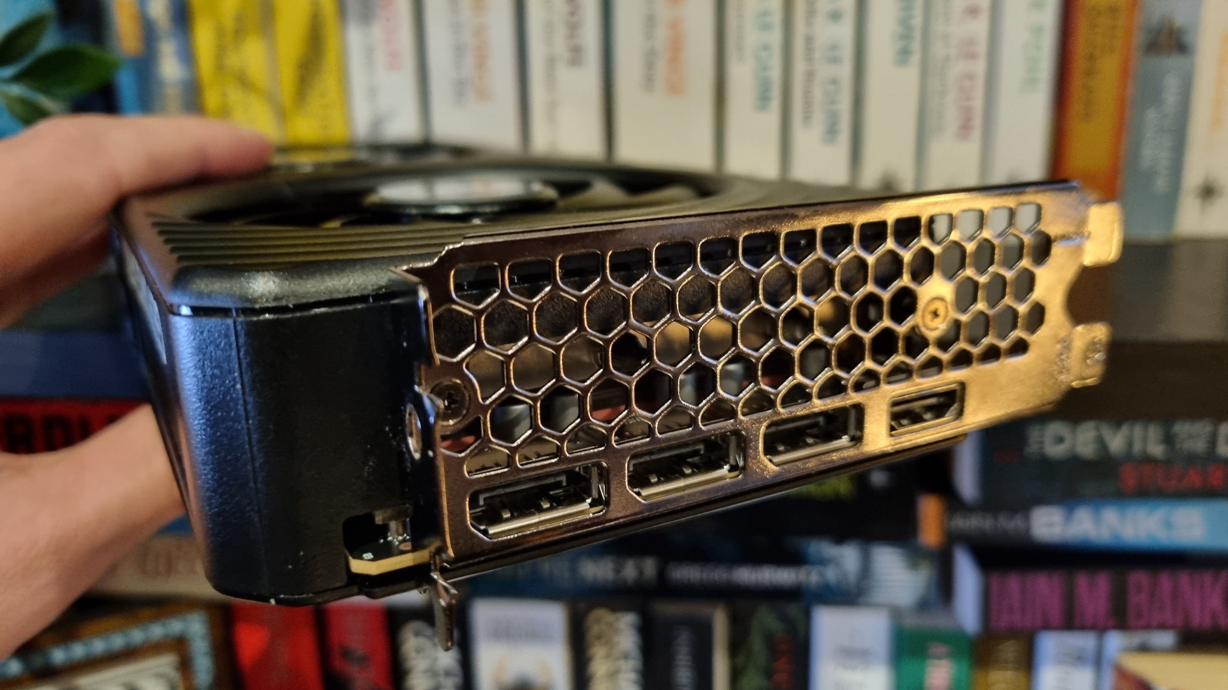 The rear vents of a Palit GeForce RTX 5060 Ti 8 GB Dual graphics card