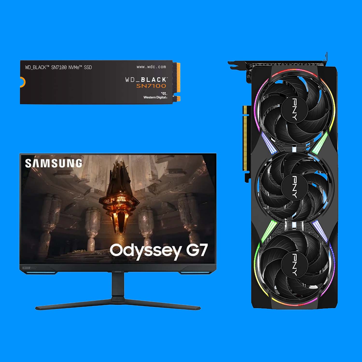 WD SN7100 SSD, Samsung Odyssey G7 monitor, PNY RTX 5060 Ti graphics card