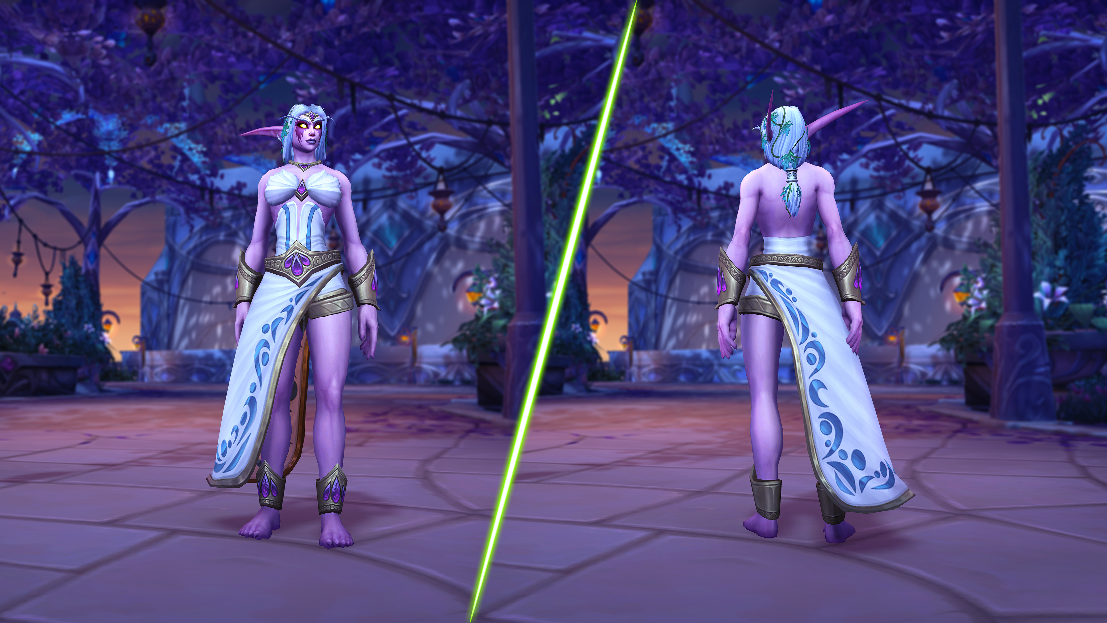 A promotional screenshot of World of Warcraft: Legion Remix. A comparison shot of a white dress on a night elf character.