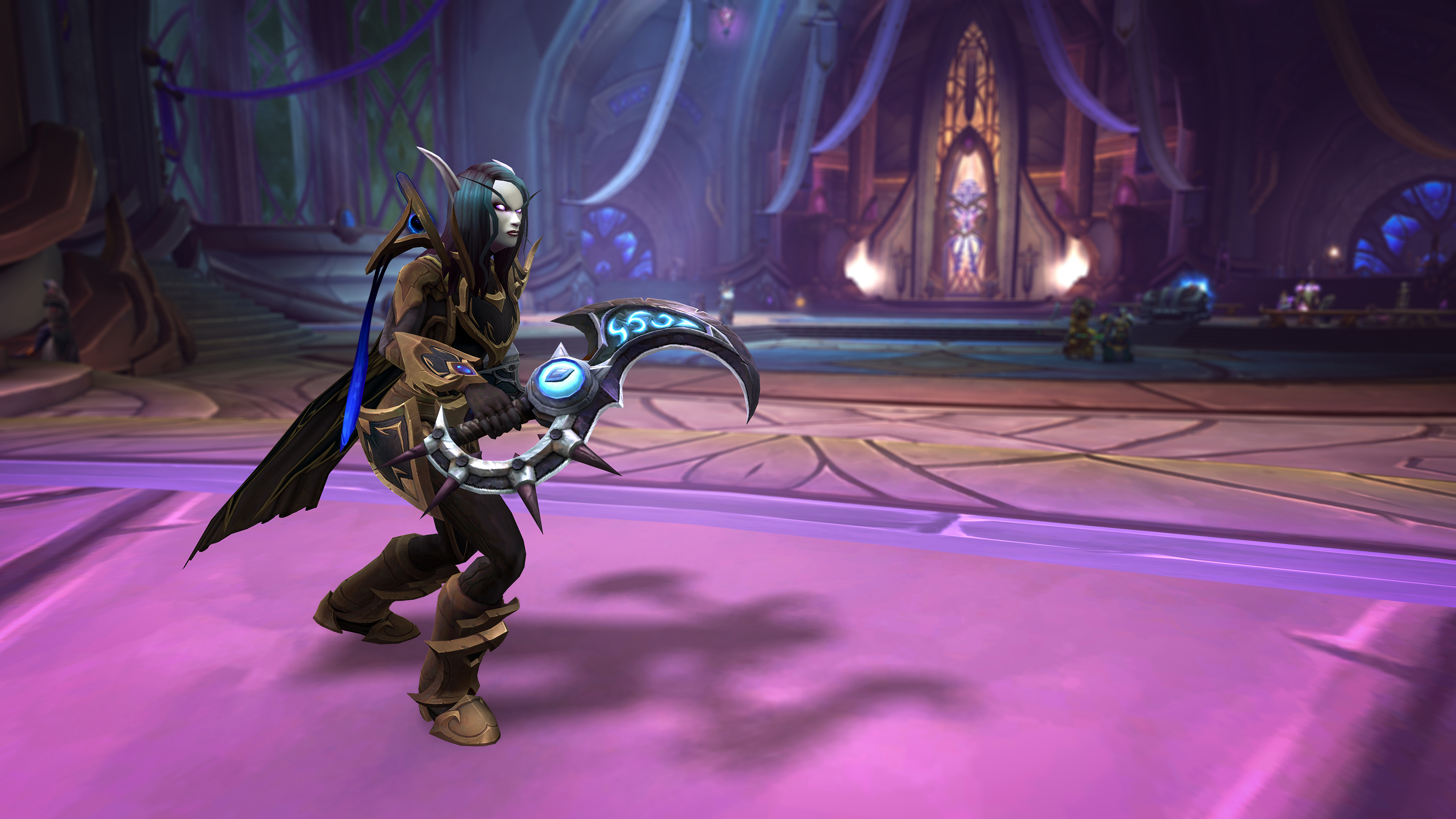 A promotional screenshot of World of Warcraft: Legion Remix. A blood elf wielding dark blades readies for battle.
