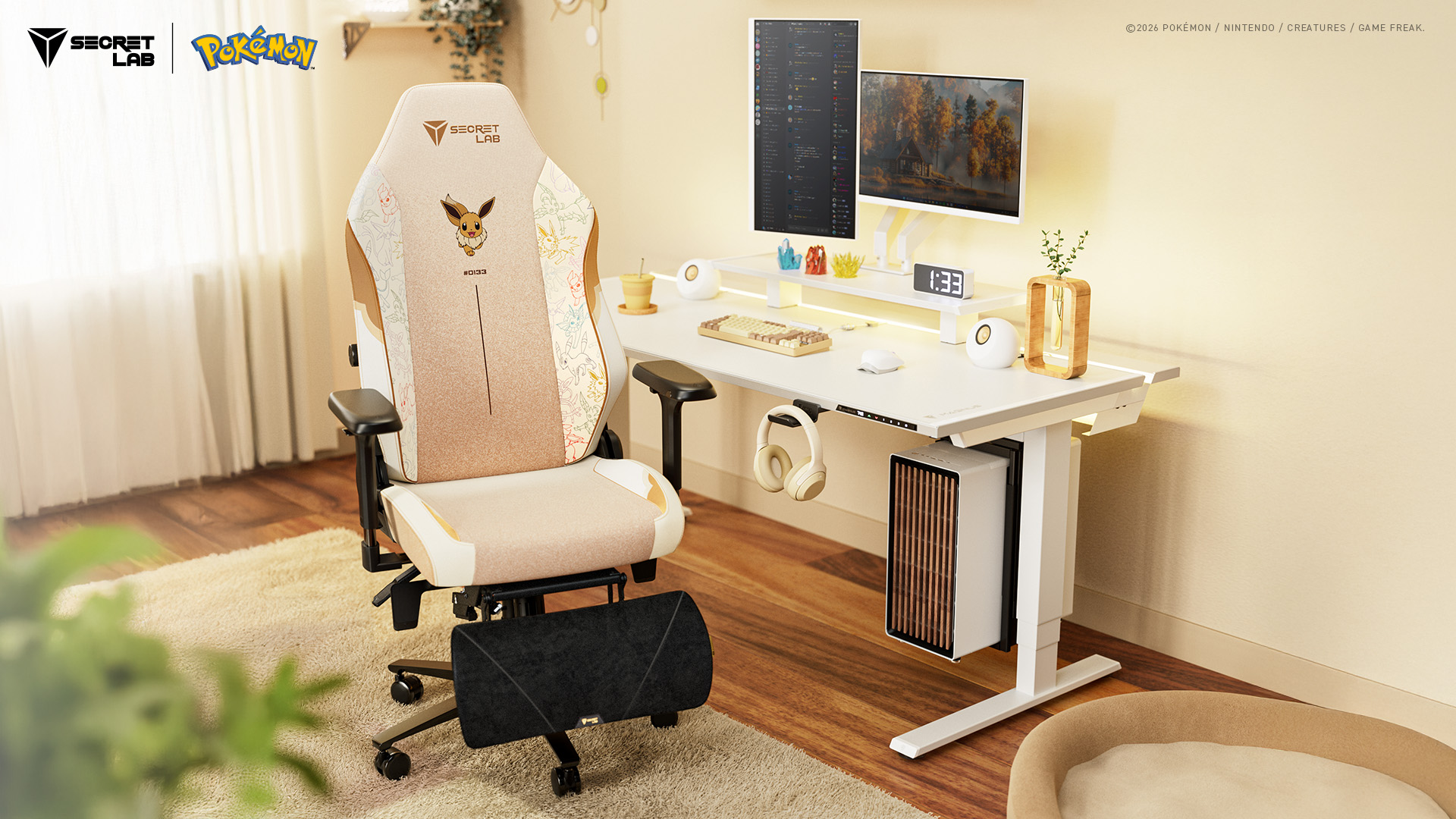 The Pikachu, Eevee, and Gengar editions of the Secretlab Titan Evo gaming chair are seen in various gaming PC desk setups.
