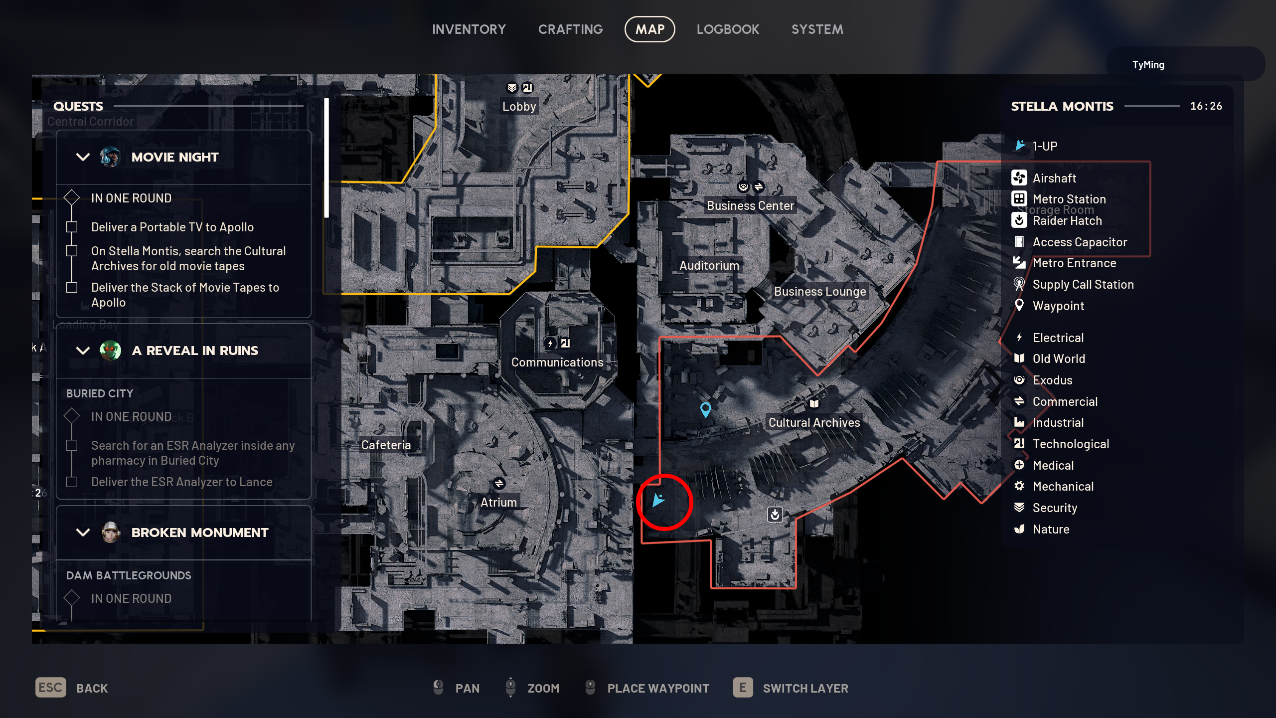 Arc Raiders Movie Night: A map of Stella Montis with a red circle highlighting the movie tape's location in the Cultural Archive.