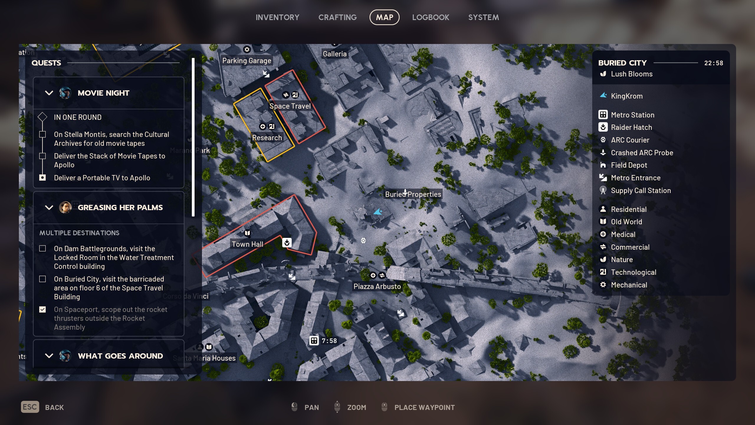 Arc Raiders Movie Night: A map showing the player's location in Buried City, where you can find a Portable TV.