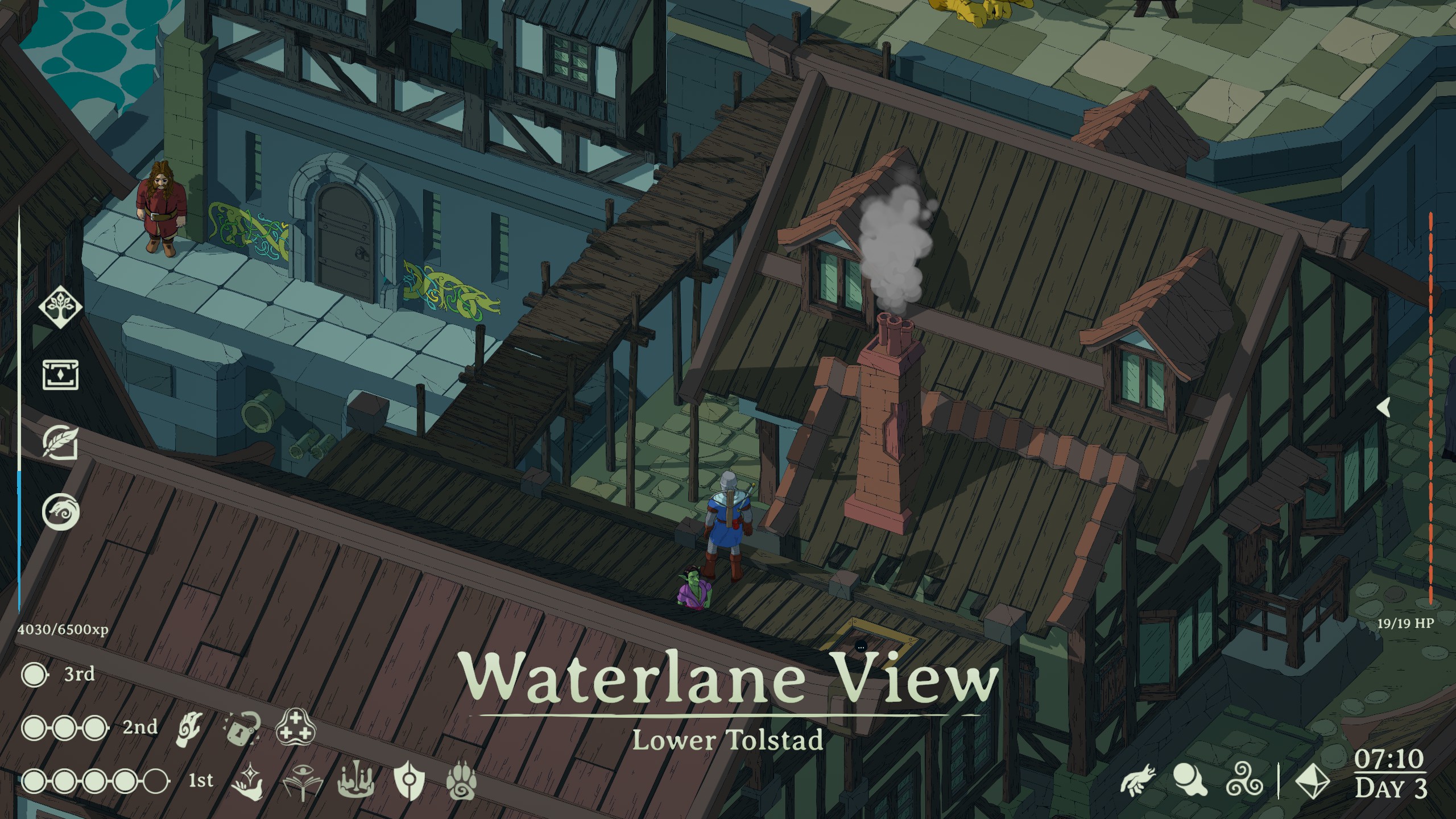 Esoteric Ebb screenshot showing character on roof, title card