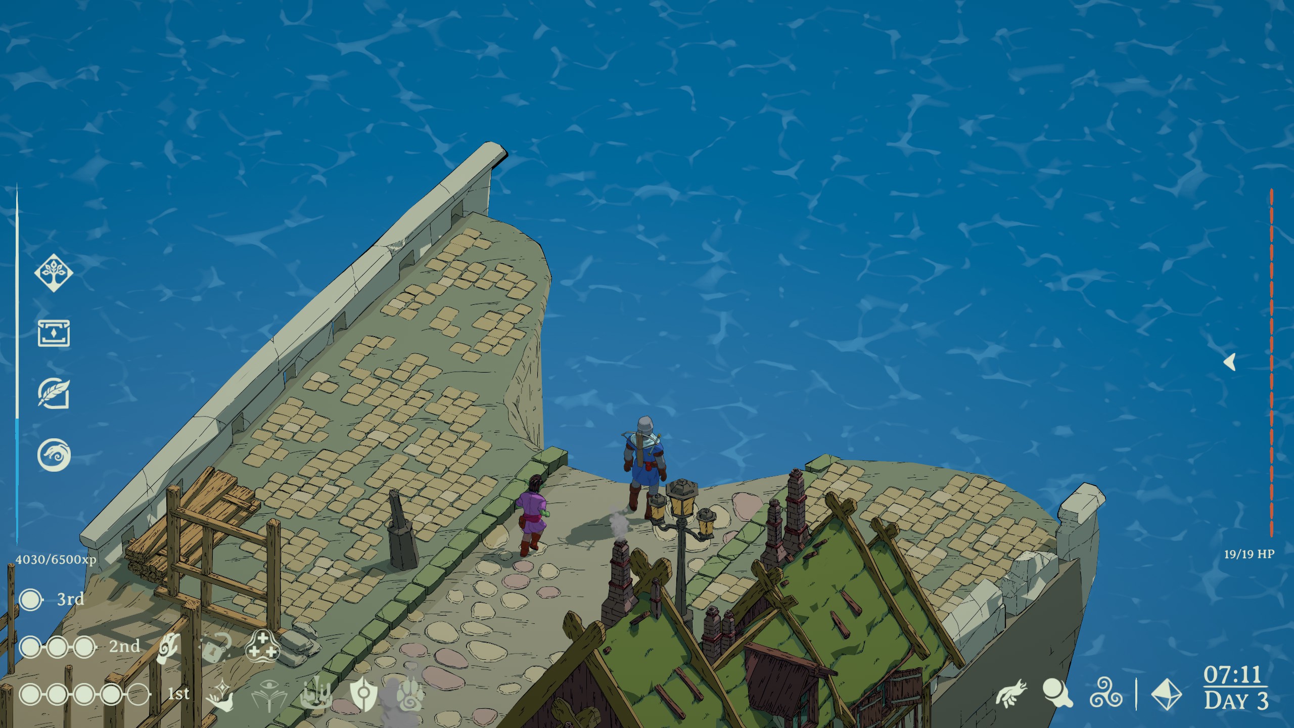 Esoteric Ebb screenshot showing character on broken bridge looking out to sea.