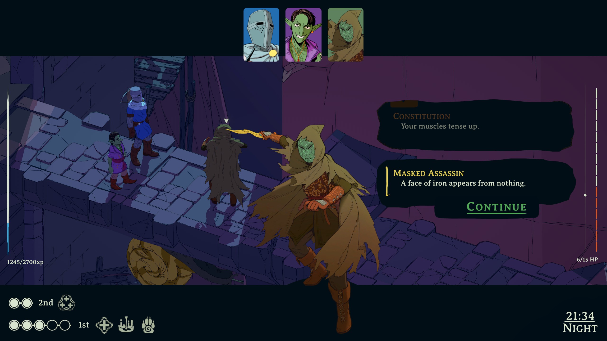 Esoteric Ebb screenshot showing early combat scene with masked assassin