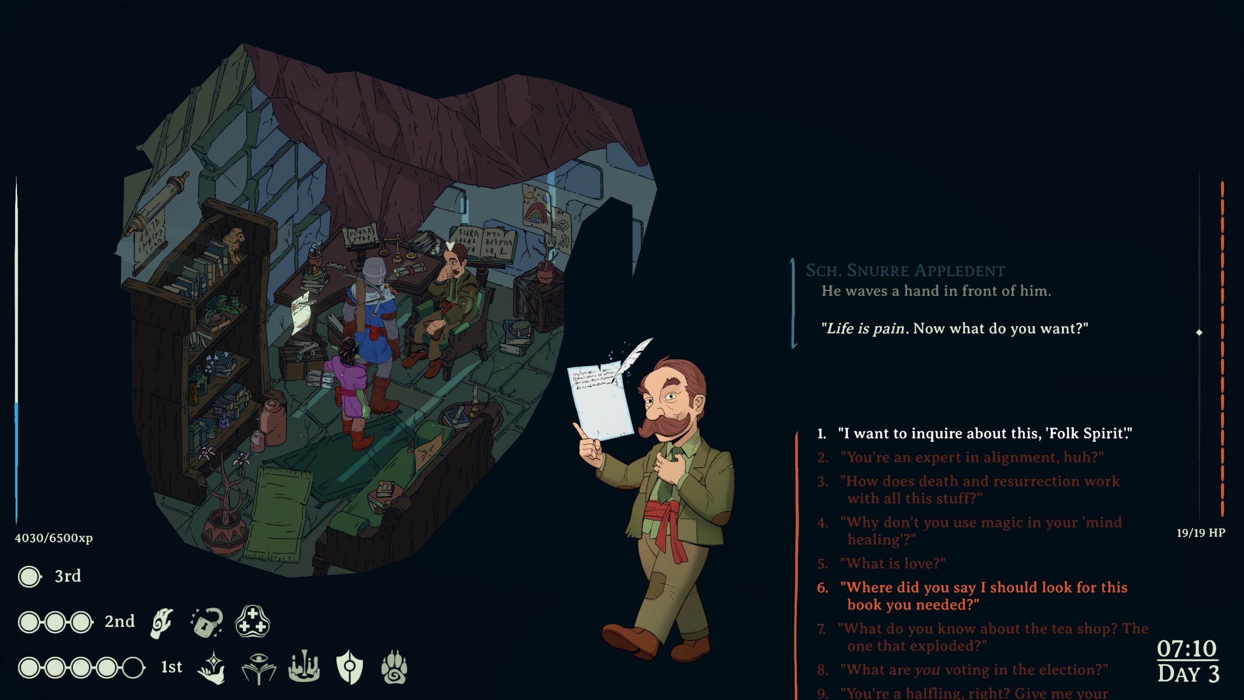 Esoteric Ebb review showing conversation with Halfling psychoanalyst in cramped office.