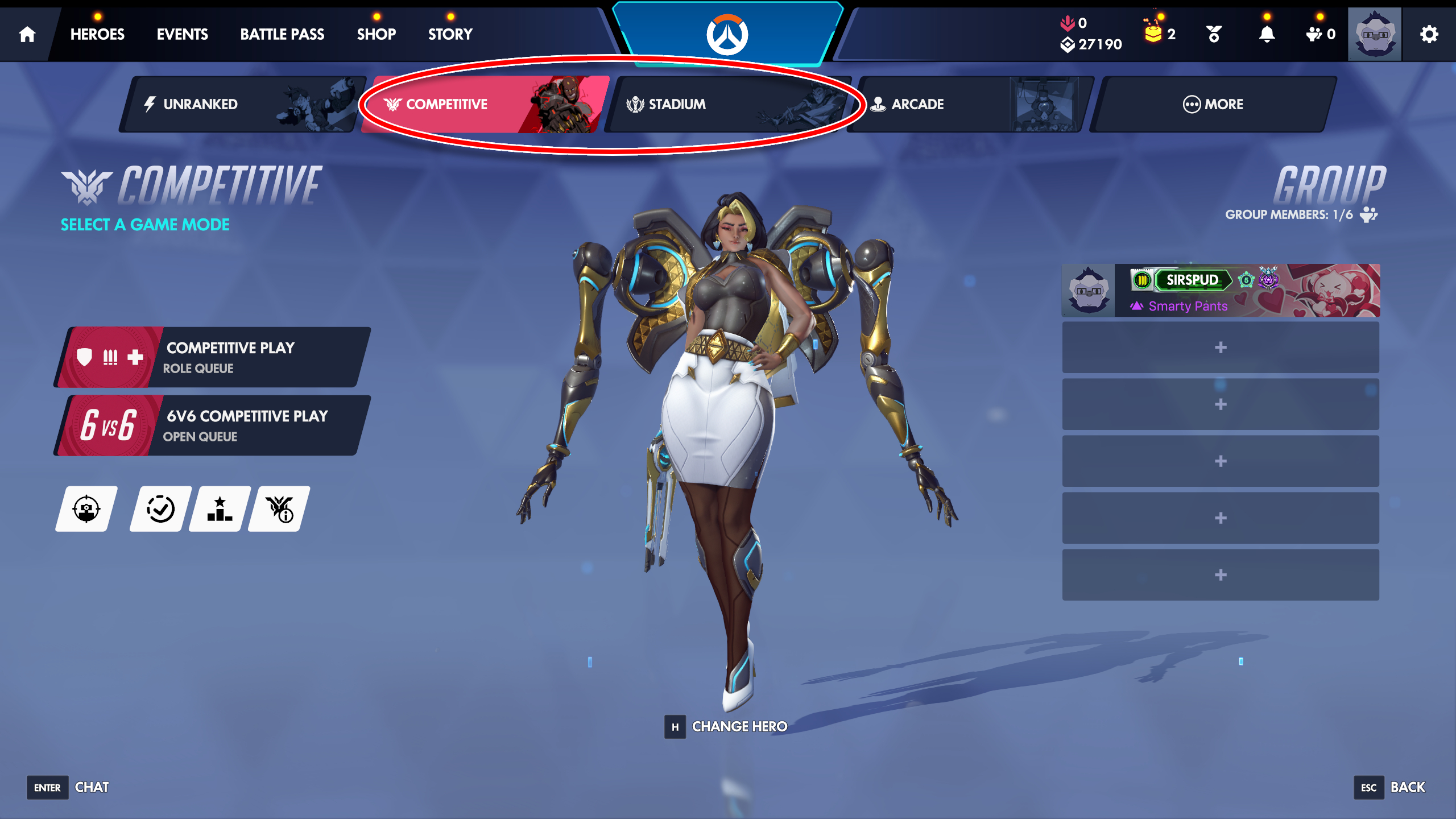 Overwatch Crimson Wolf: The 'play' section of the main menu, with a red oval highlighting the Competitive and Stadium modes.