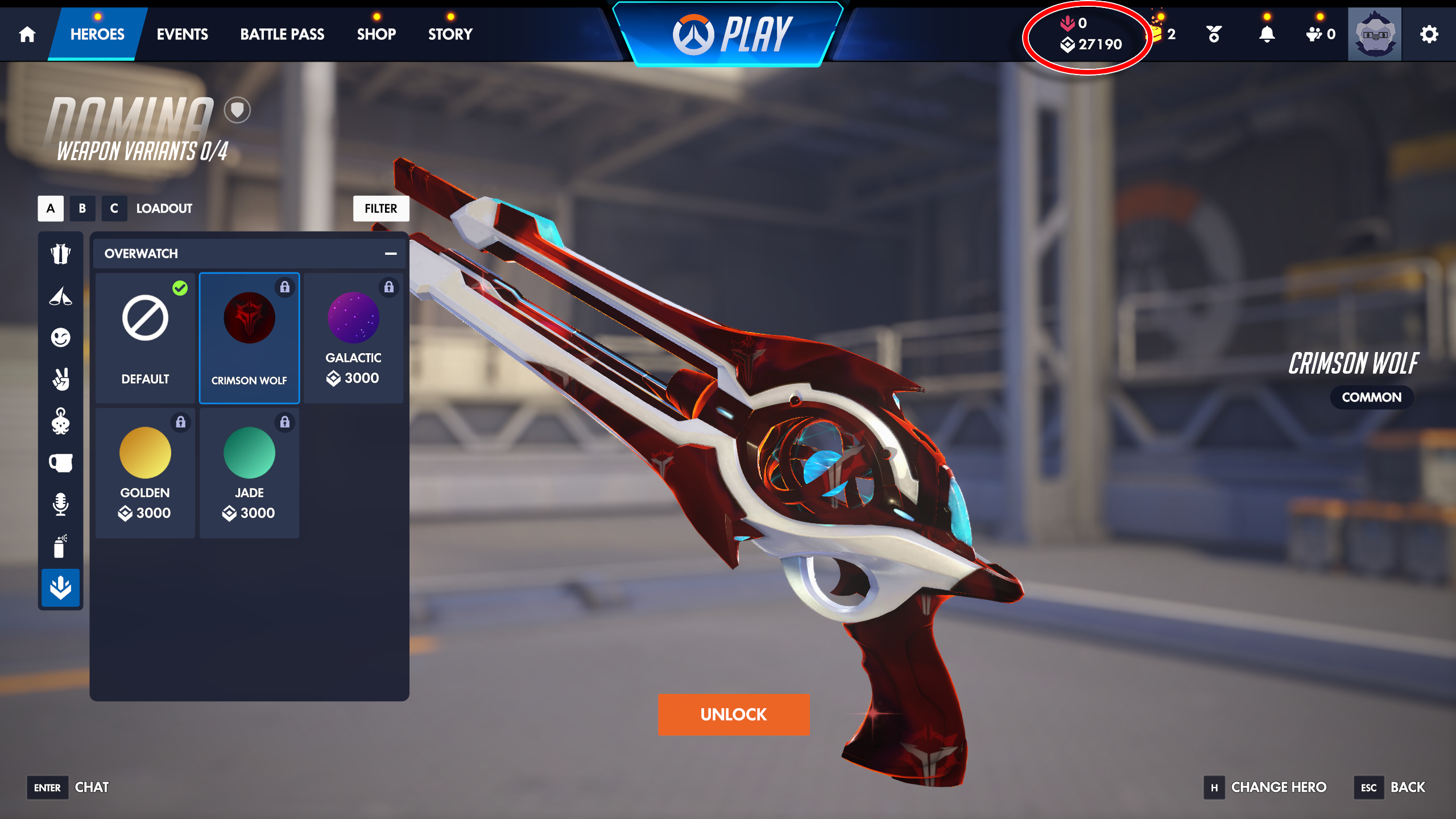 Overwatch Crimson Wolf: The Crimson Wolf competitive weapon variant is being showcased on Domina's gun in the menu, with a small red oval in the top right highlighting the Competitive Points currency.