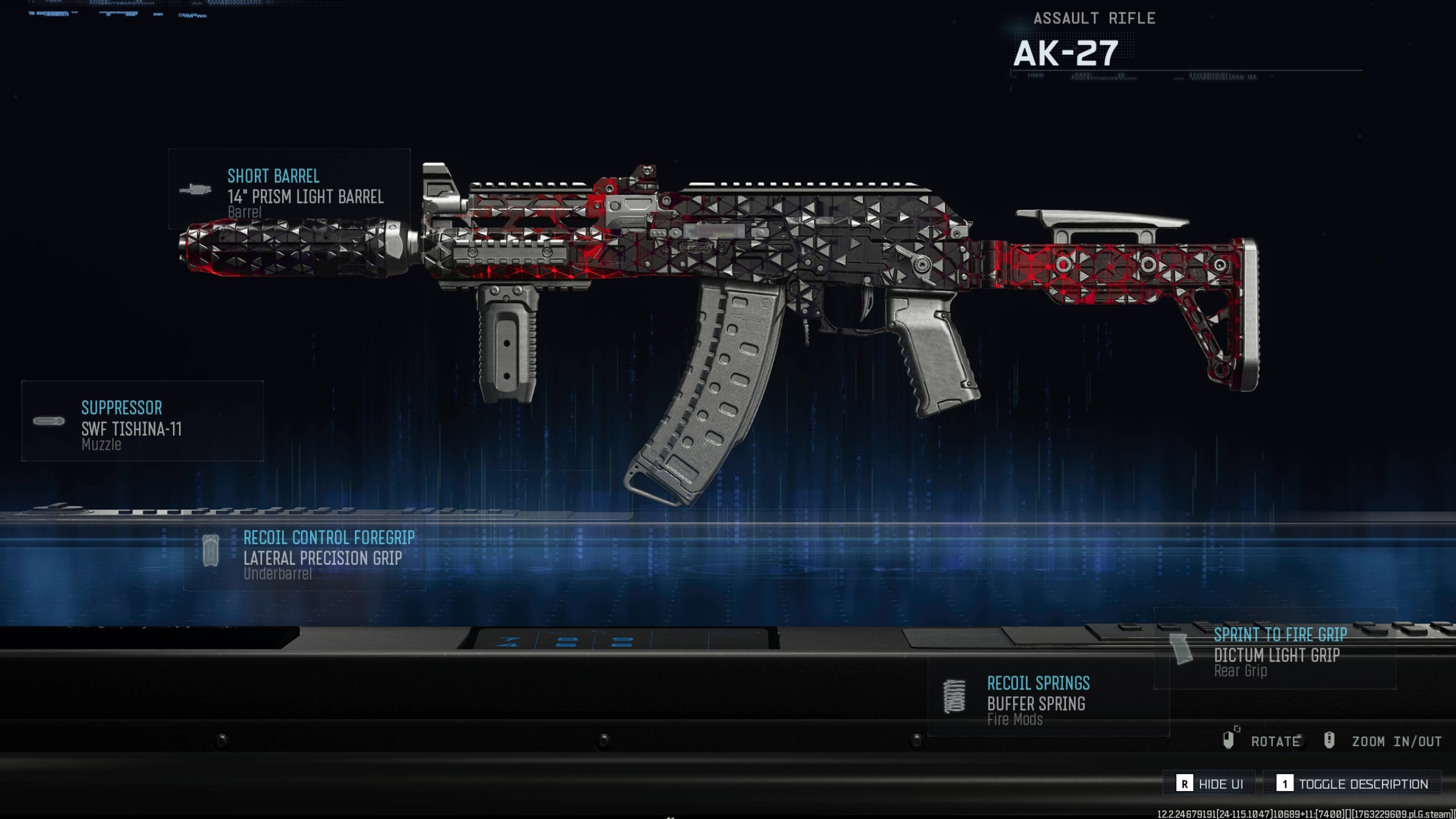 BO7 AK-27 loadout: An AK-27 build in the weapon customisation screen, showing the five equipped attachments against a dark blue and black background.