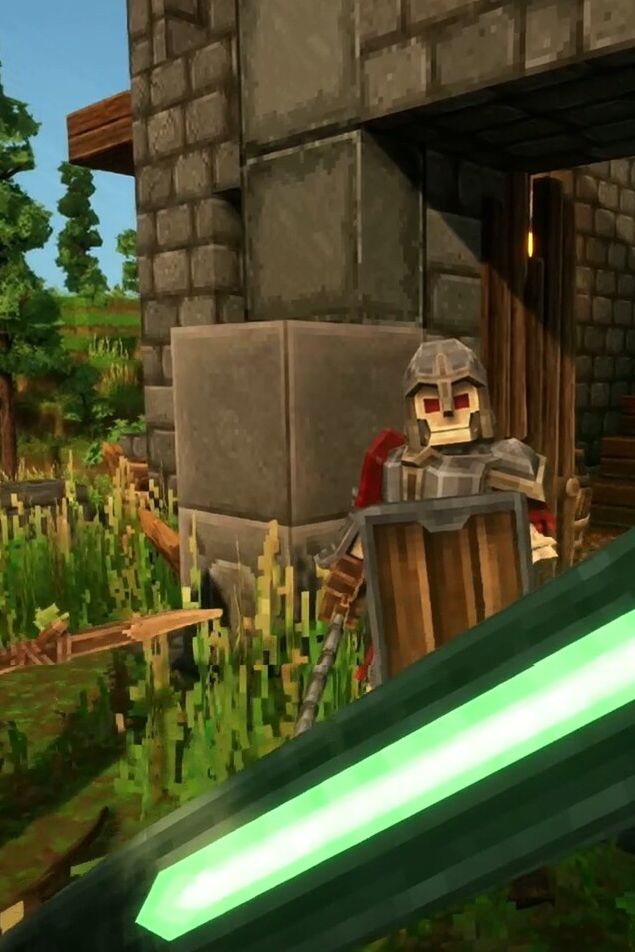A voxel dungeon entrance from Everwind, guarded by a skeleton enemy dressed as a knight