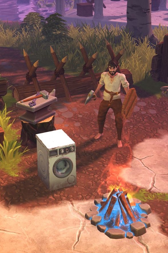 Dysplaced characters standing at camp, there's a broken washing machine weirdly placed in front of them