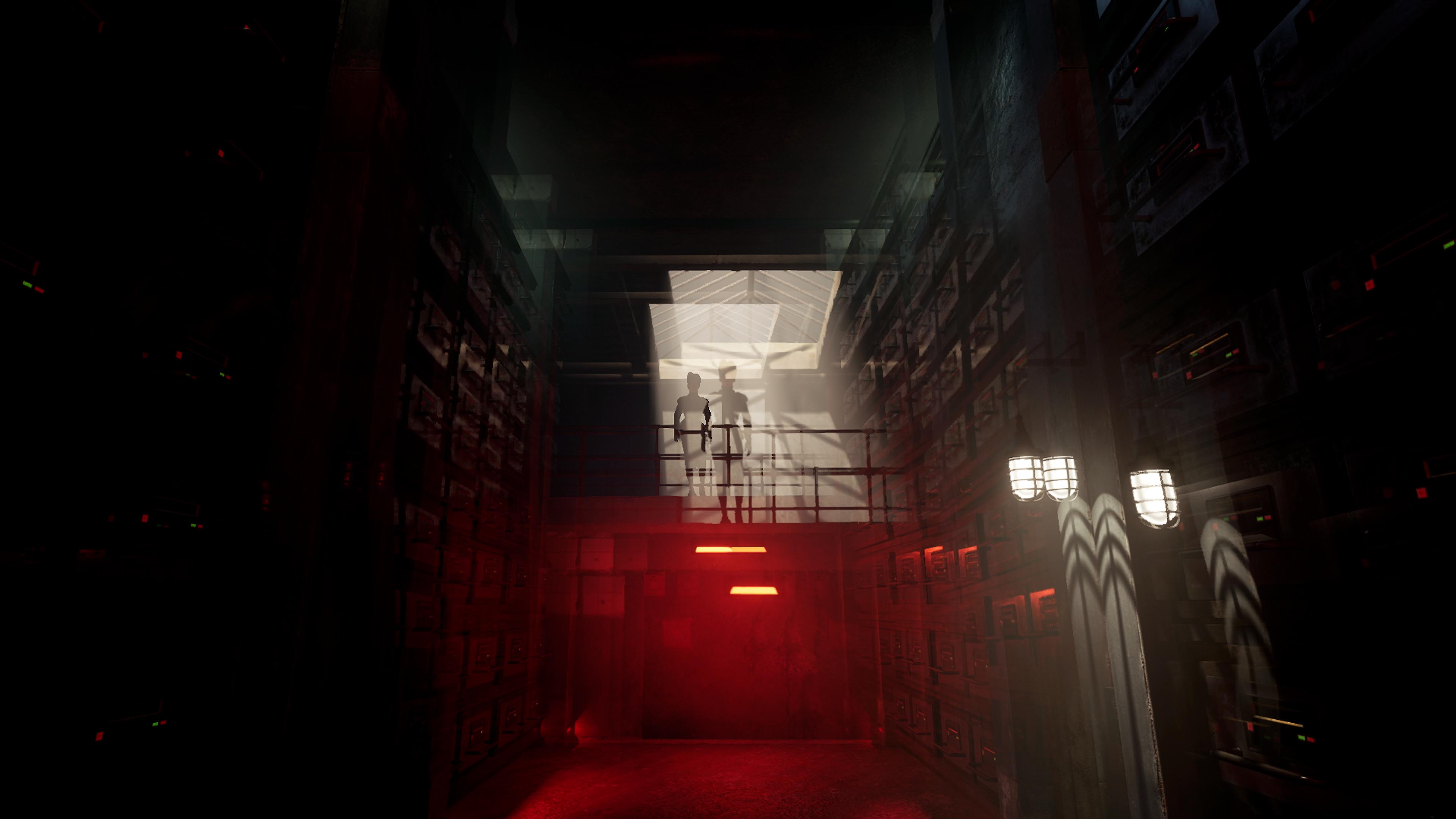 Figures standing at the top of stairs.