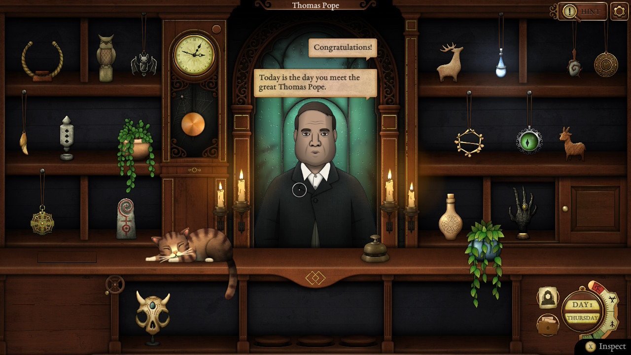 A customer visiting the antiques shop in Strange Antiquities.