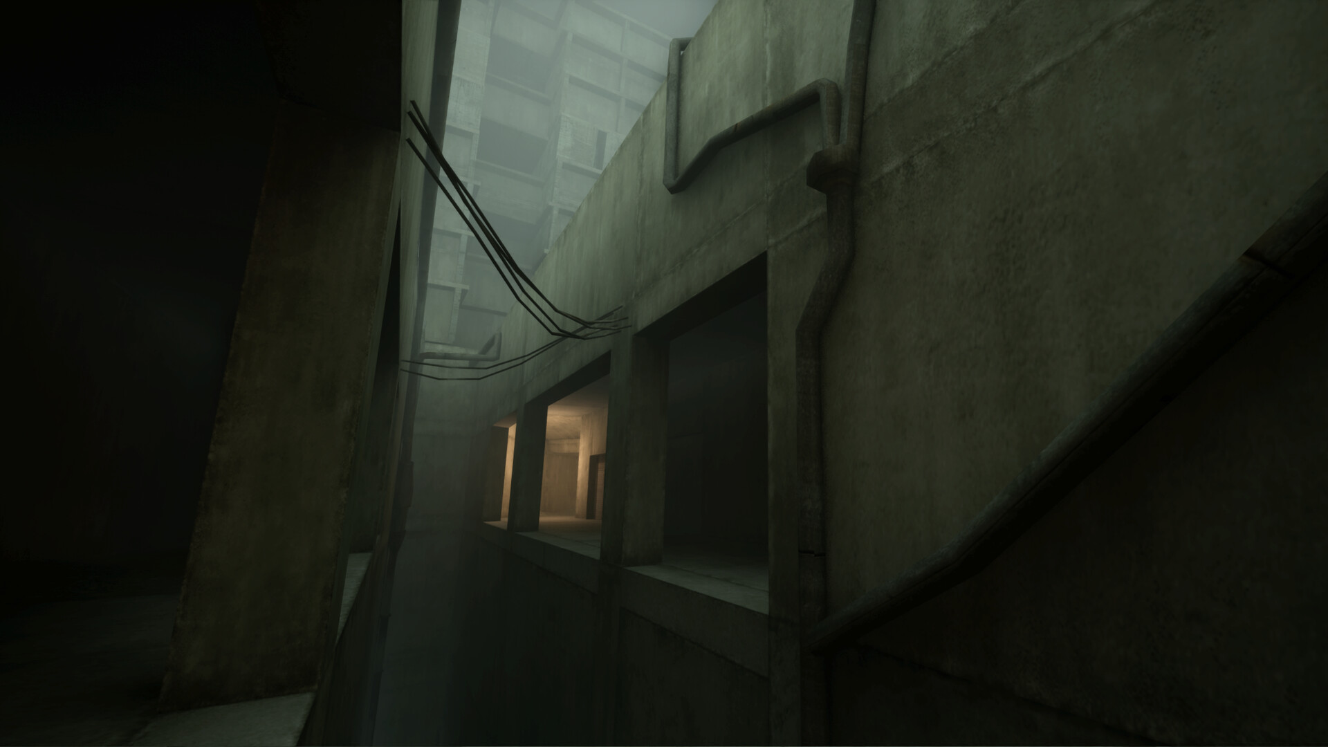 The player runs through looming Brutalist architecture in Vholume.