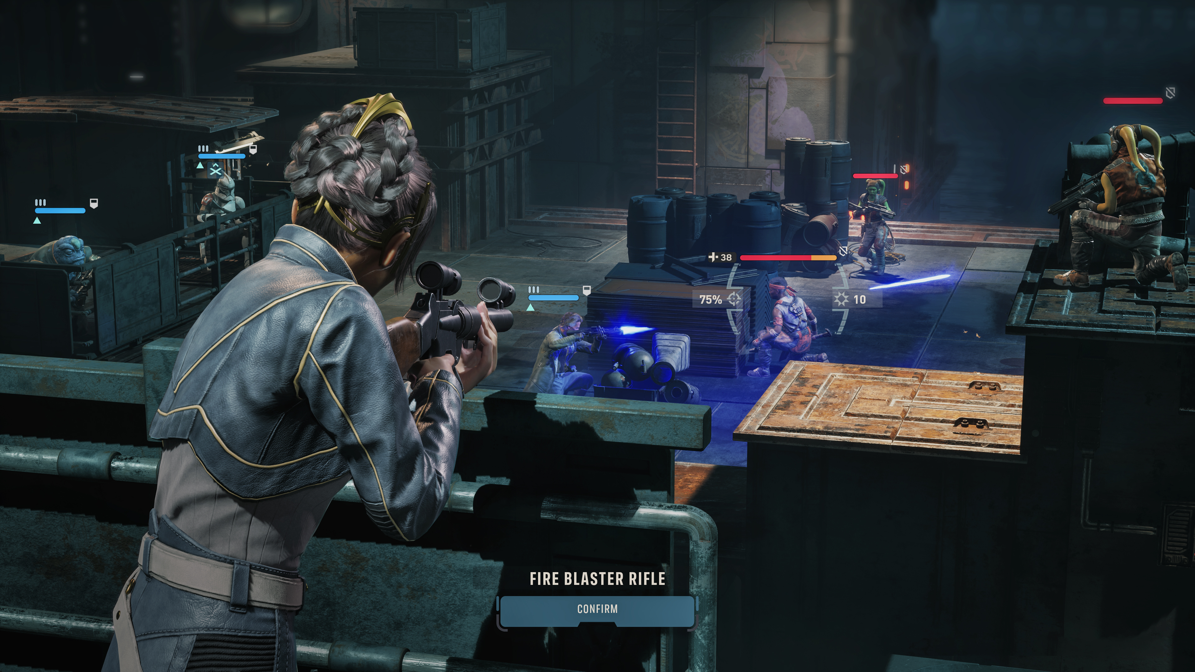Zero Company gameplay screenshot showing character aiming at busy combat scene.