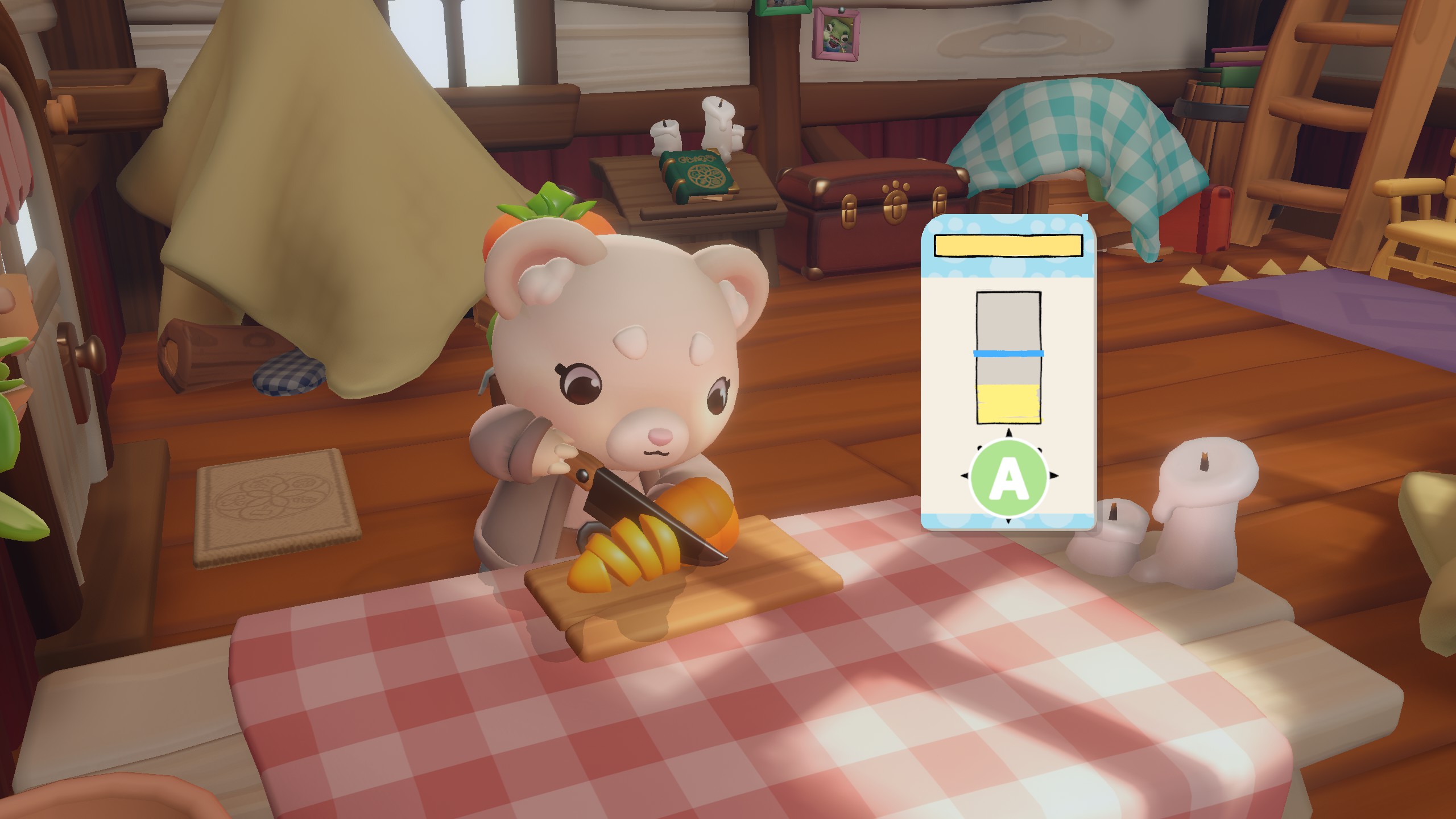 Cozy Caravan - A bear chops a carrot with a minigame bar