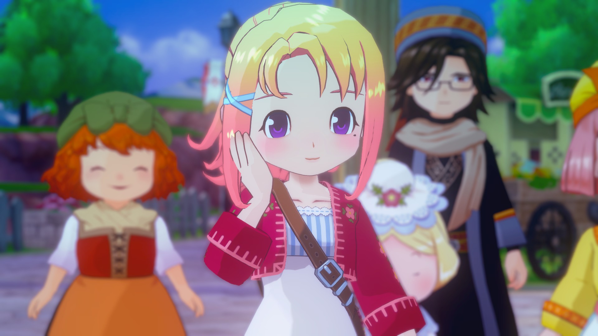 Player characters in Story of Seasons Grand Bazaar stood in the town