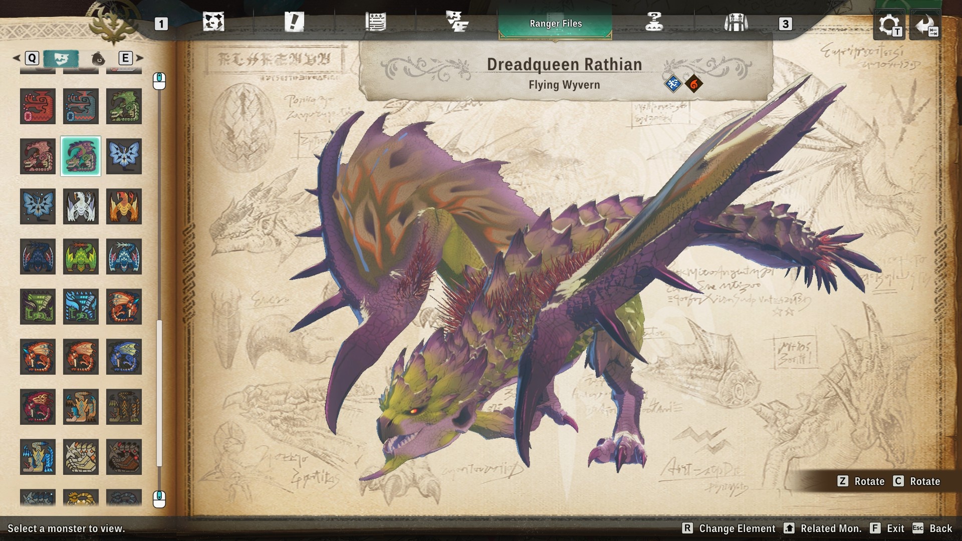 Monster Hunter Stories 3 - The Dreadqueen Rathian monster mutation. It's a flying green and purple wyvern.