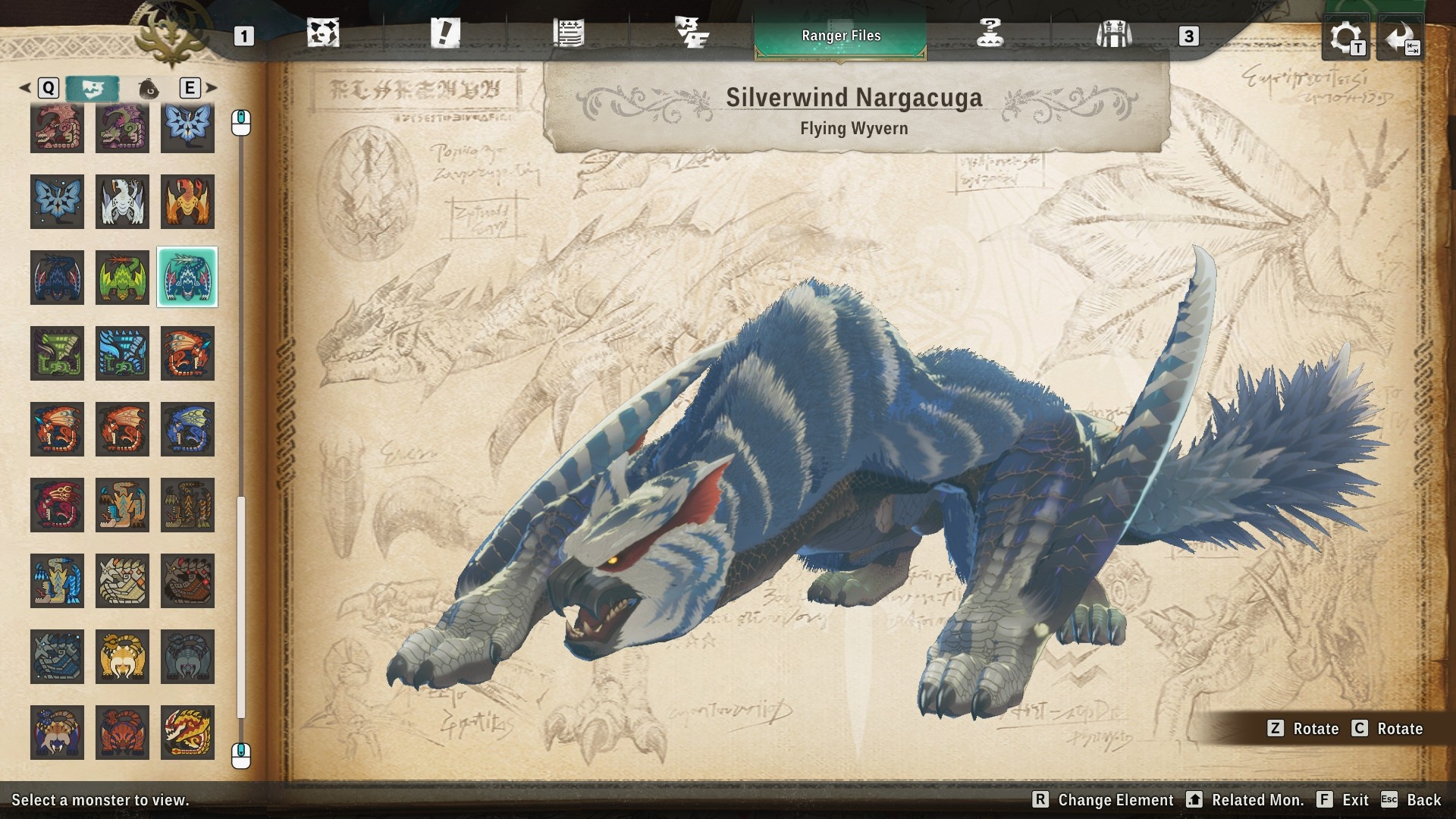 Silverwind Nargacuga mutation from Monster Hunter Stories 3. It's a flying wyvern with a cat-like head shape, covered in blue and silver hair. It also has a fluffy tail.