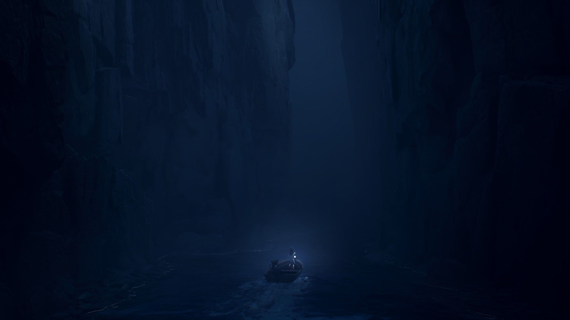 Two characters in a wooden boat in a ravine on a dark ocean