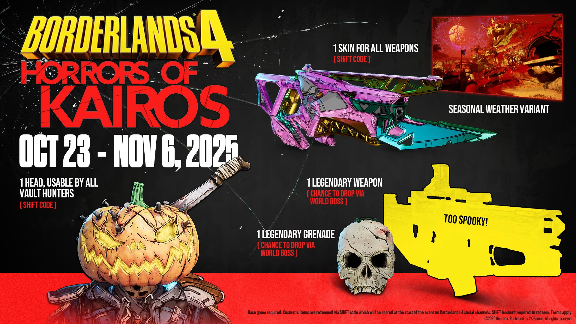 Borderlands 4 Horrors of Kairos: An infographic for the Halloween event showing the dates and the various rewards, including a pumpkin head, a skull grenade, and a weapon skin.