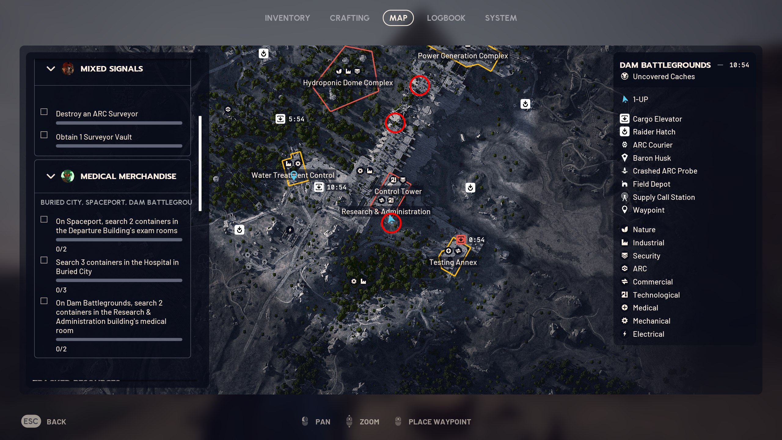 Arc Raiders Sentinel locations: A map with three red circles showing the Sentinel spawns on Dam Battlegrounds.
