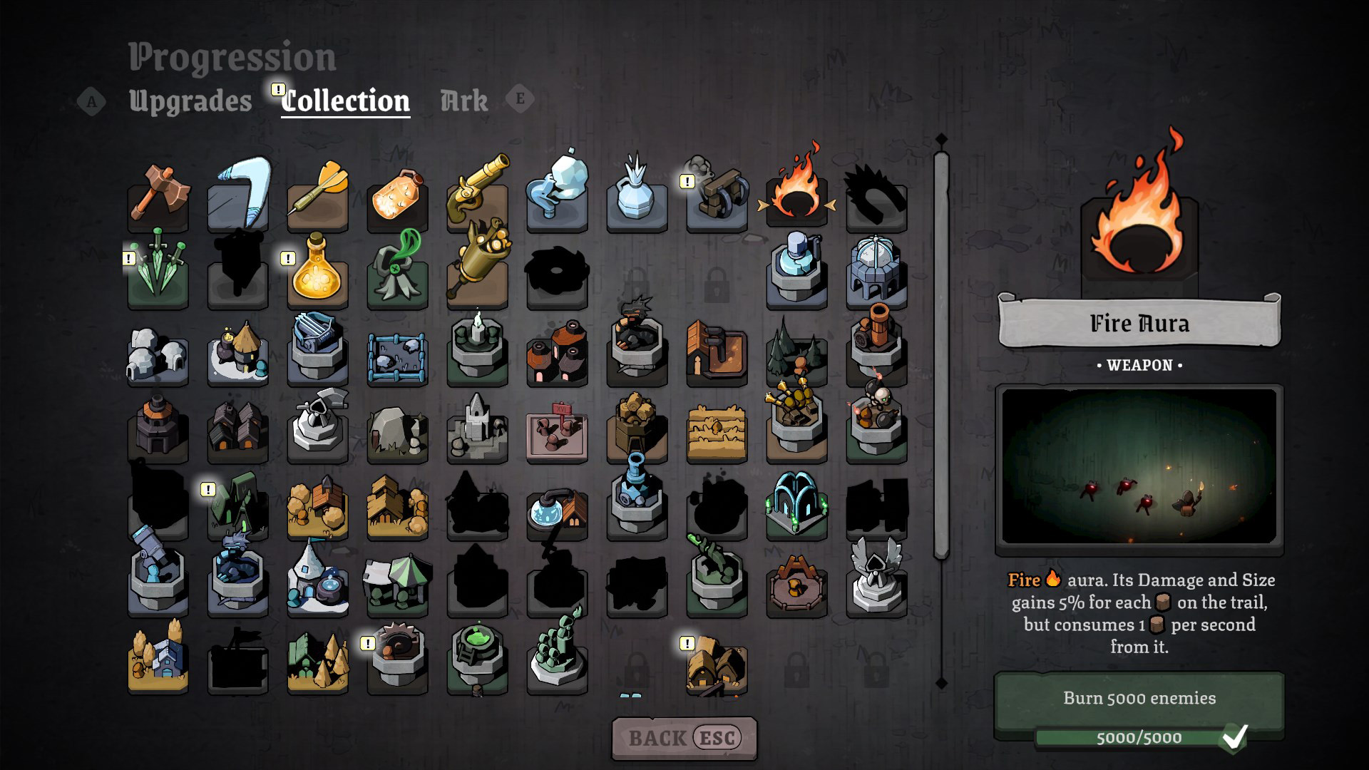 A screen showing all the different unlocked buildings in Monsters Are Coming.