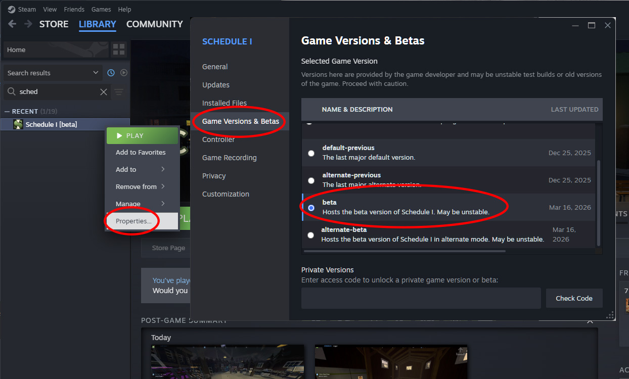 The Steam menus for right clicking Schedule 1 and accessing its Properties window. To the right of that is the Game Versions & Betas window, where you can select the beta build.