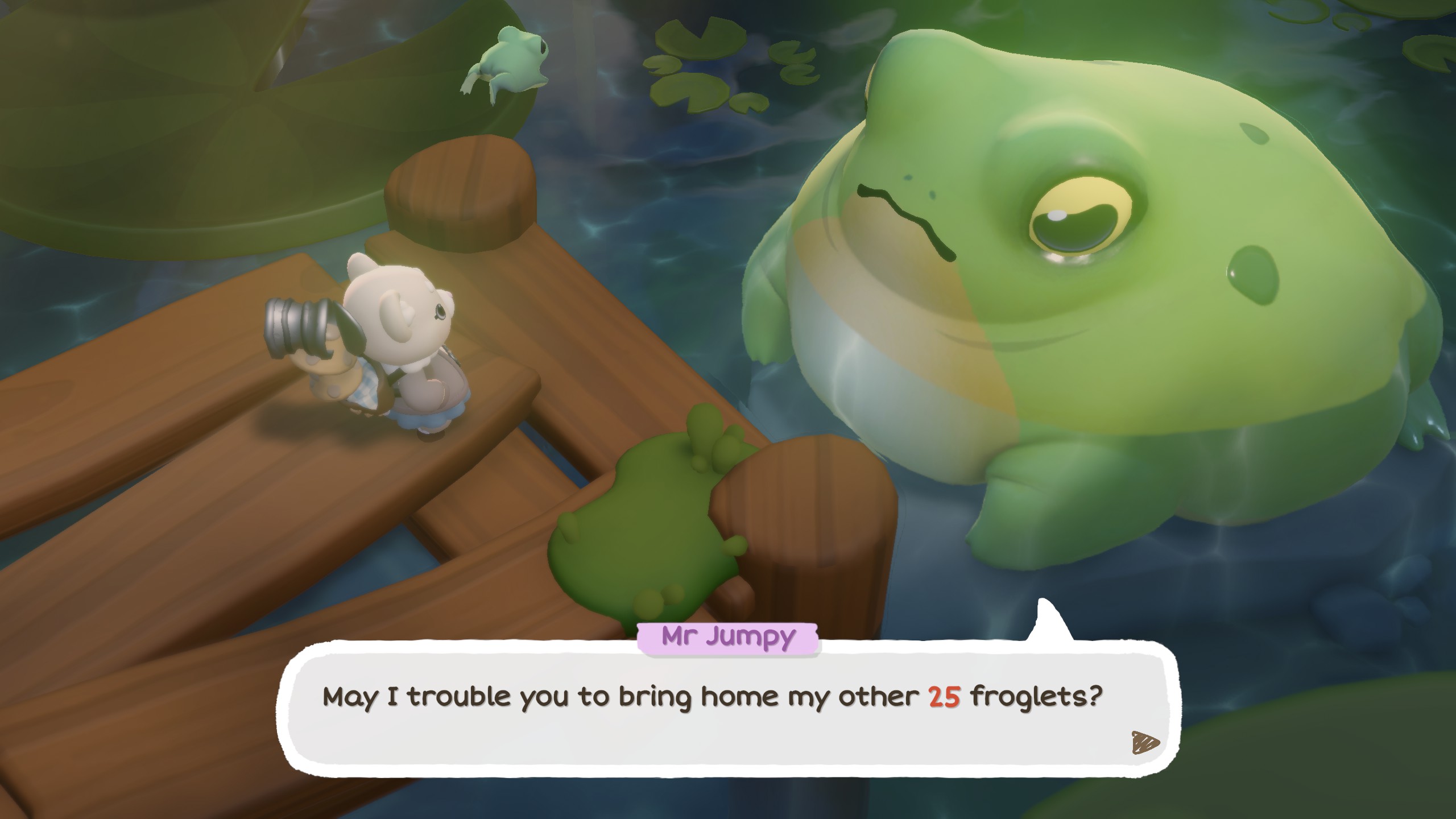 Cozy Caravan - A giant frog named Mr. Jumpy asks the player to bring back his 25 froglets.