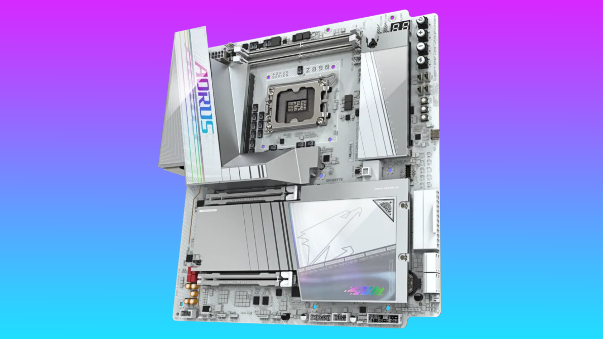The Gigabyte Z890 AORUS TACHYON ICE in white floats in a pink-blue gradient void.