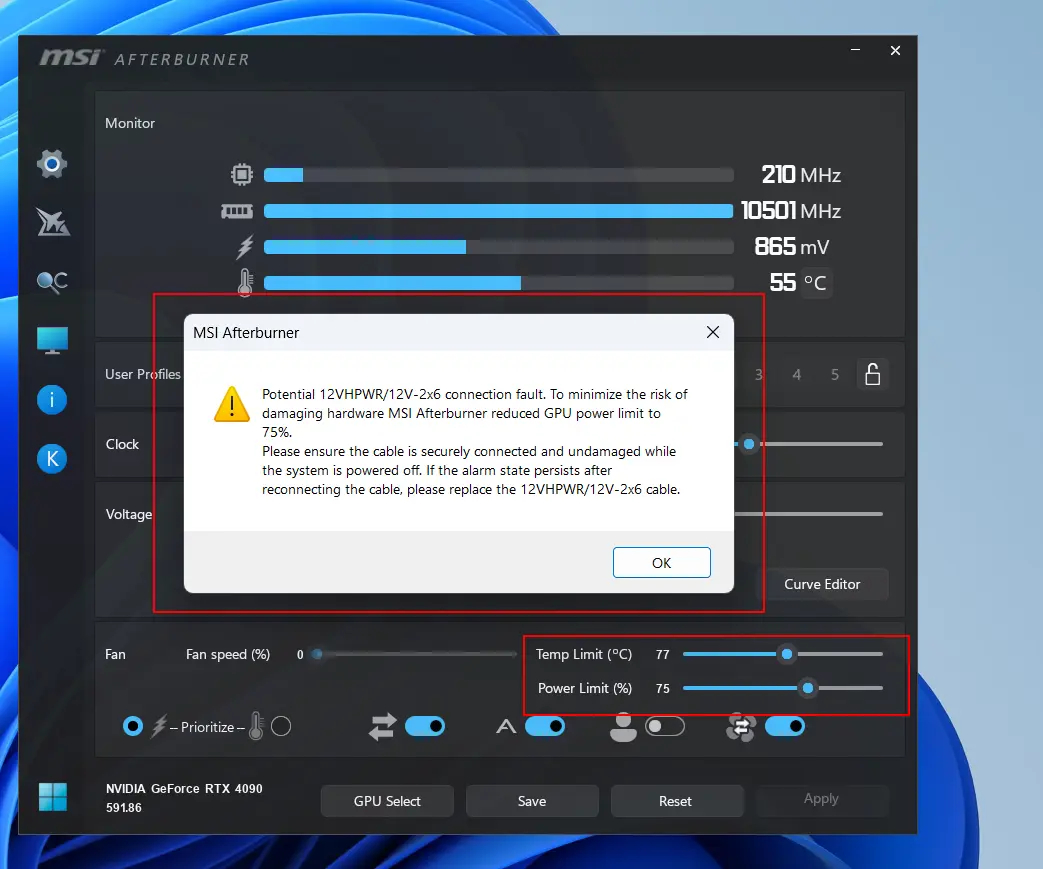 A screenshot of the MSI Afterburner app with the warning sign in place.