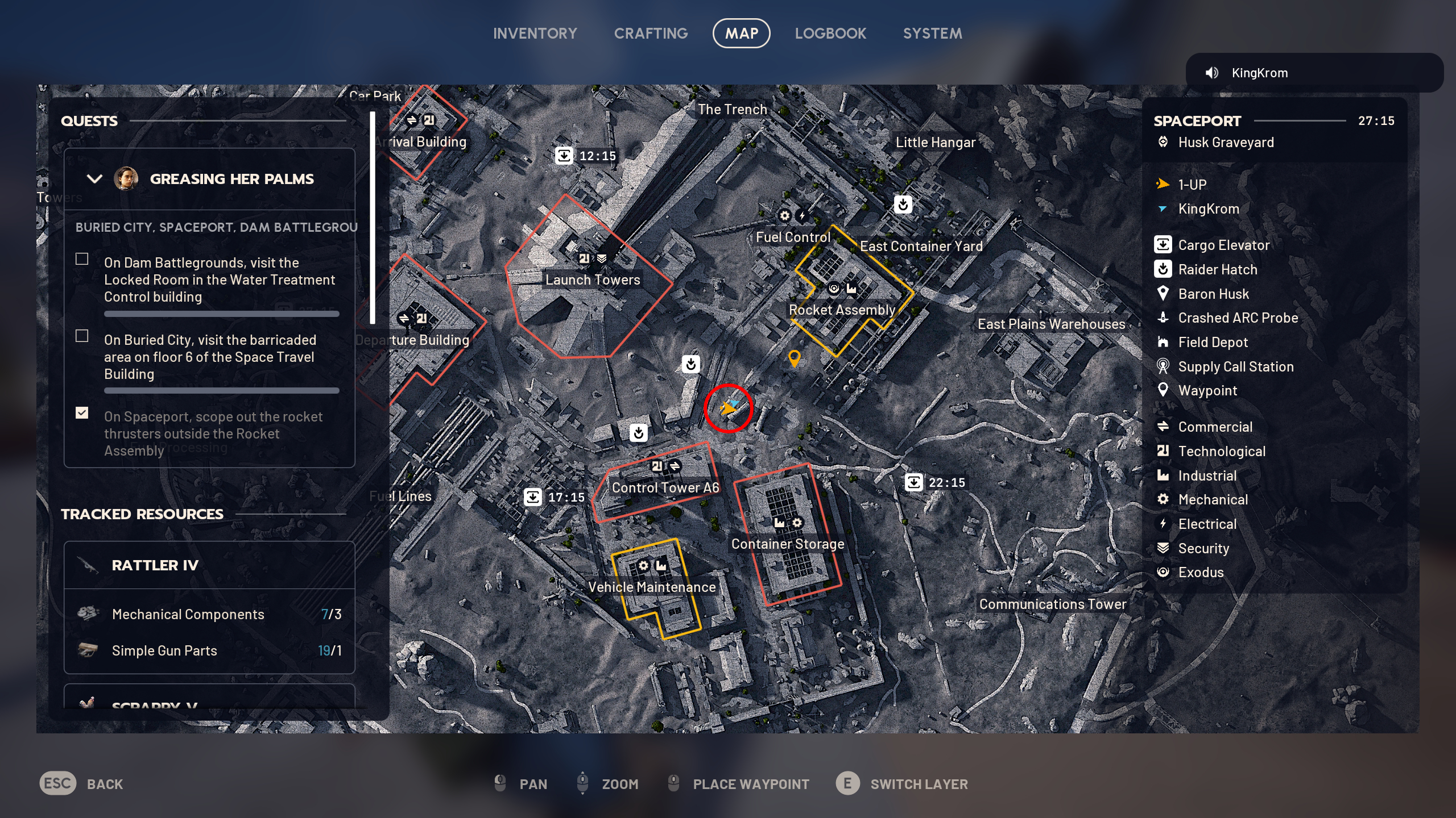 Arc Raiders Greasing Her Palms: A map with a red circle highlighting the location of the rocket thrusters outside the Rocket Assembly on Spaceport.