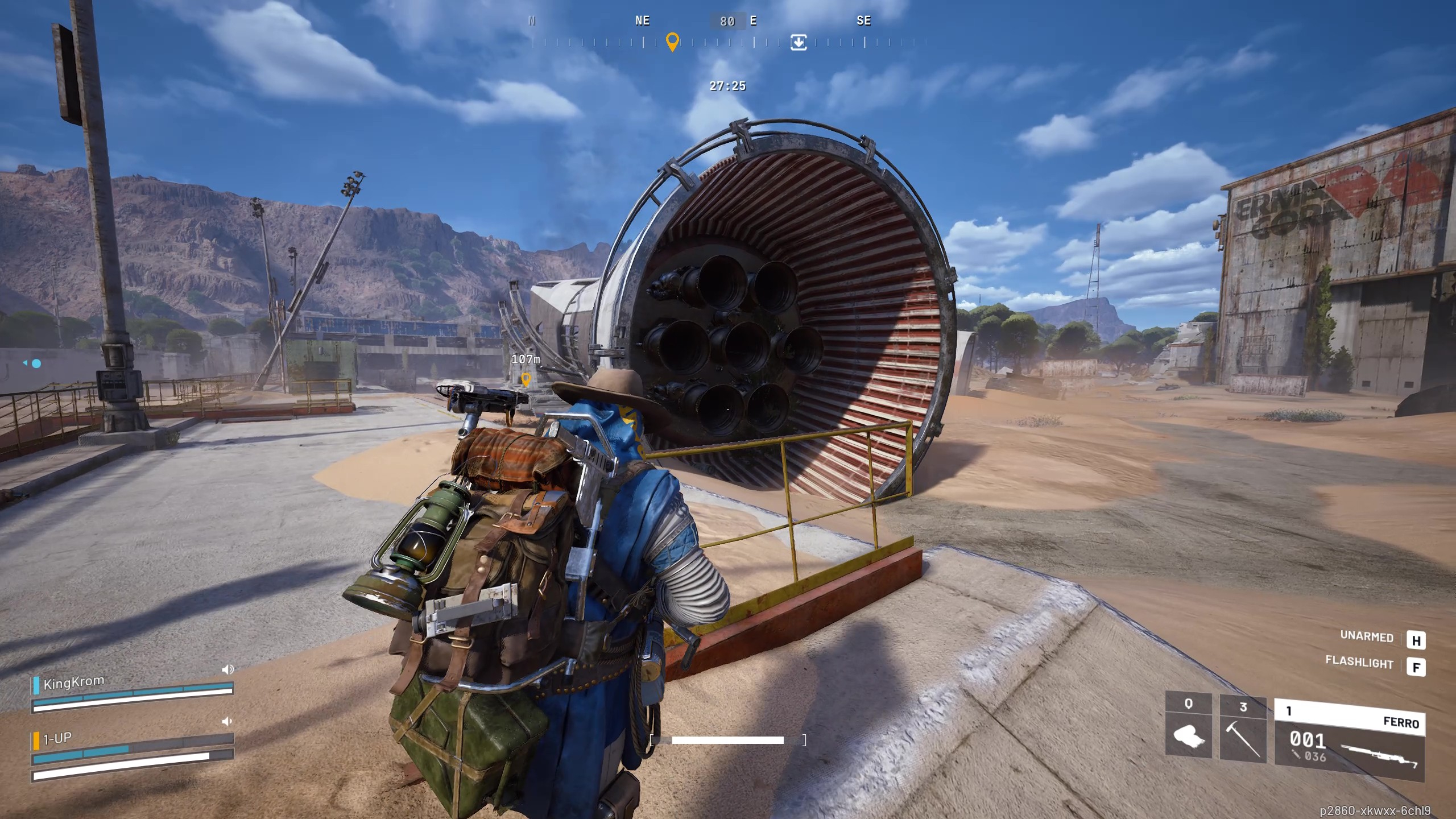 Arc Raiders Greasing Her Palms: A player looking at the rocket thrusters in a dusty open area of Spaceport during the day.