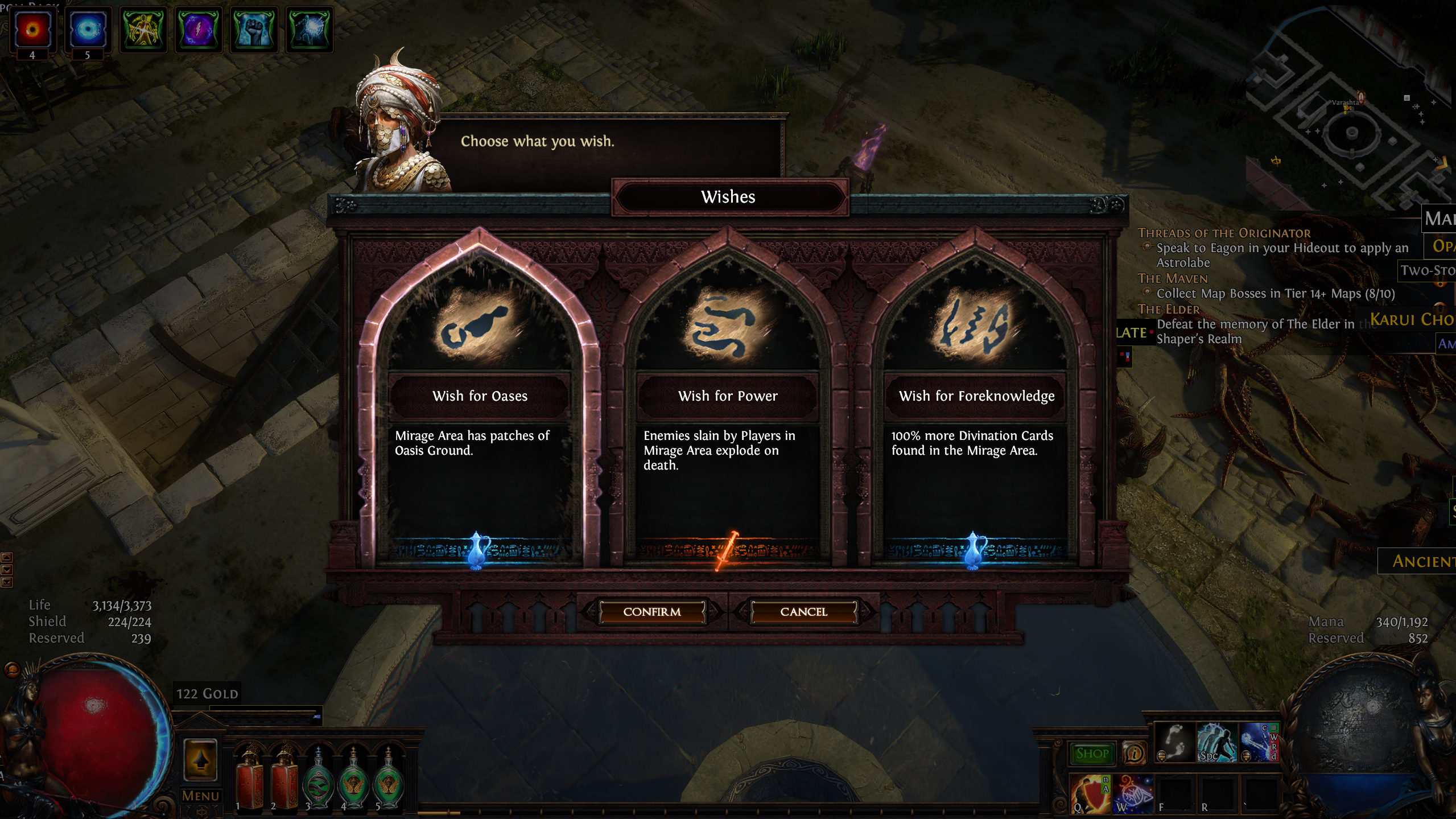 A screenshot of Path of Exile's Mirage league. A set of three wishes appears in a window on the player's screen.