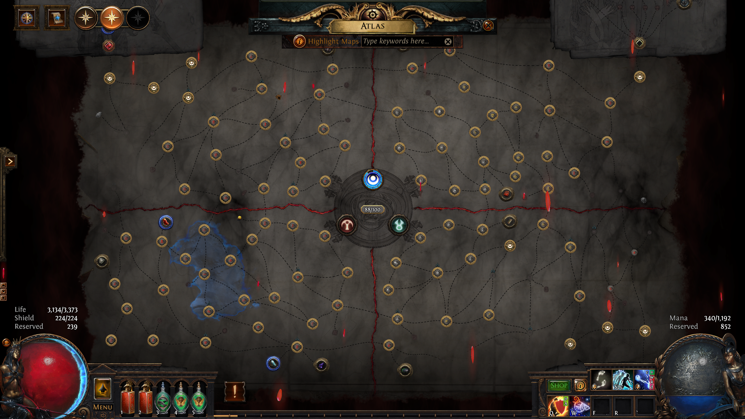 A screenshot of Path of Exile's Mirage league. The large atlas map with several nodes sits in the middle of the screen.