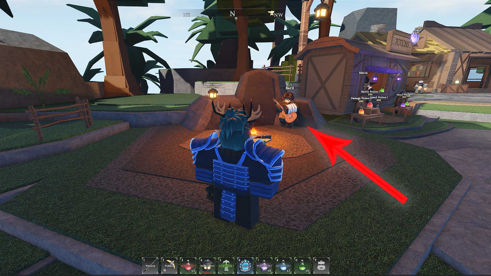 A red arrow pointing at the Bard NPC, sitting beside a campfire in The Forge.