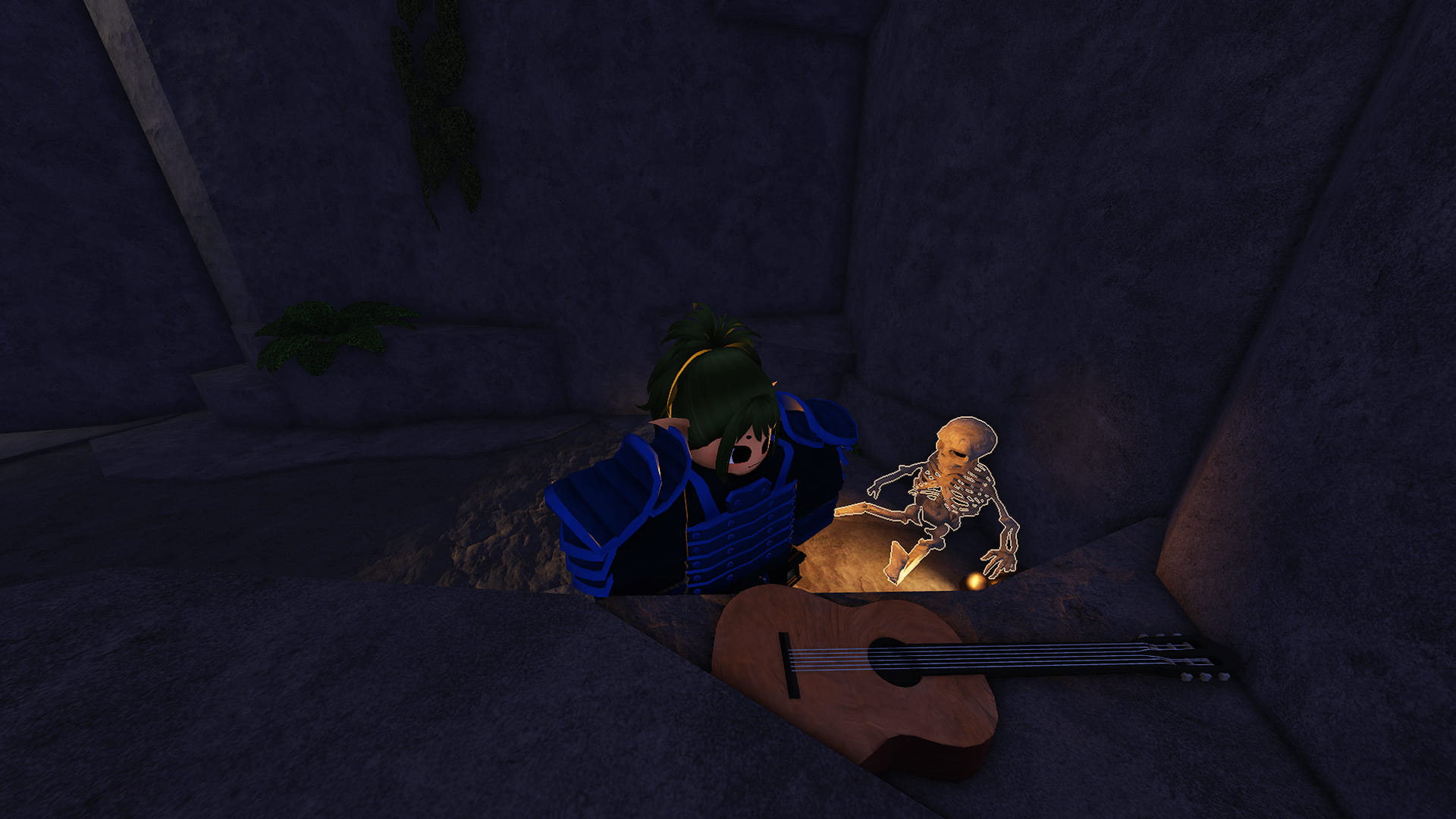 The location of the Bard's lost guitar in The Forge beside a skeleton in a dark room.