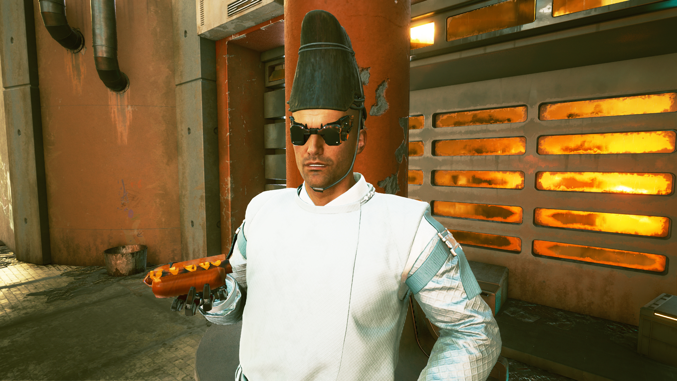 Cyberpunk man holding a hot dog