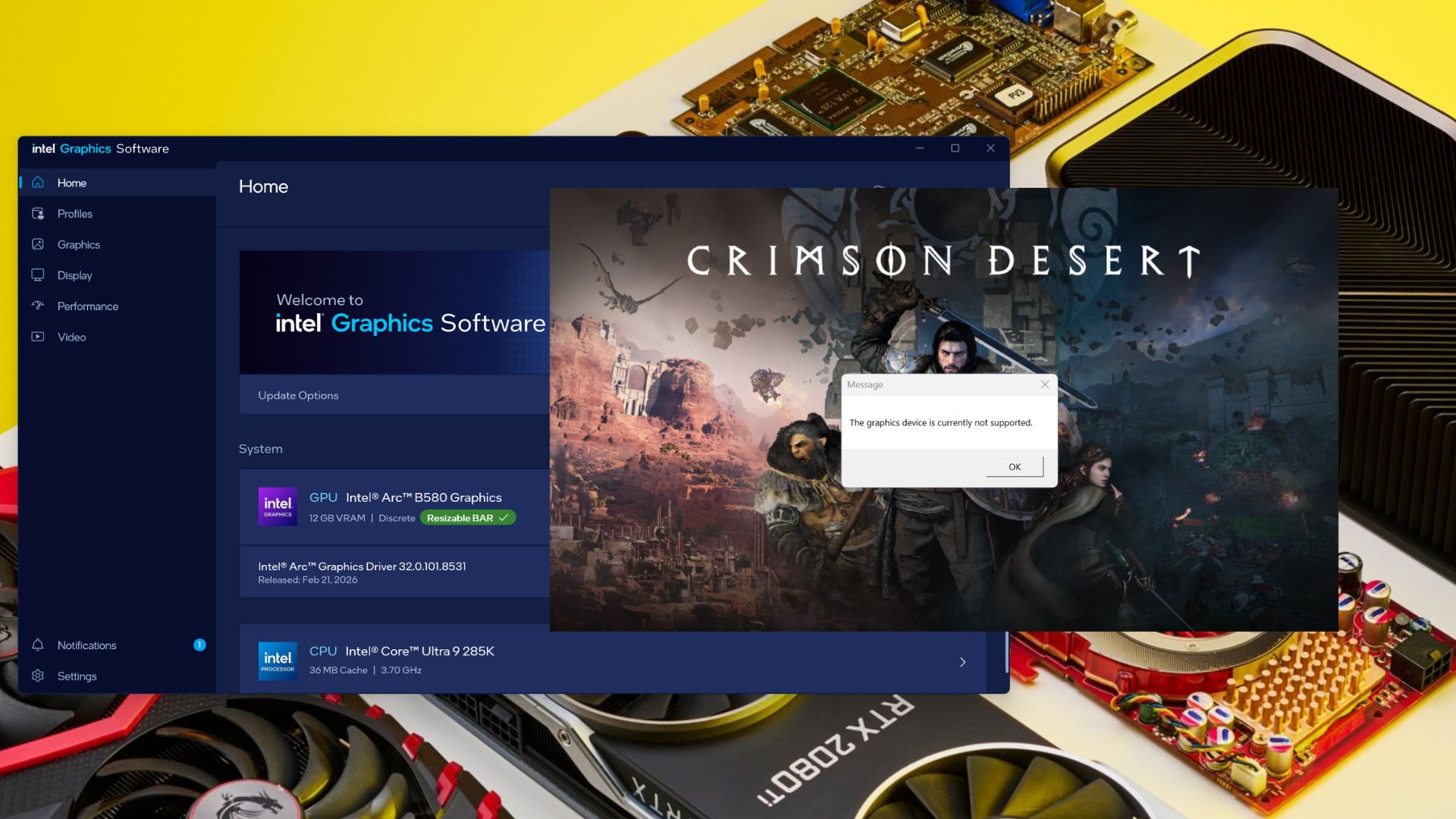 A screenshot of Crimson Desert failing to open on an Intel GPU