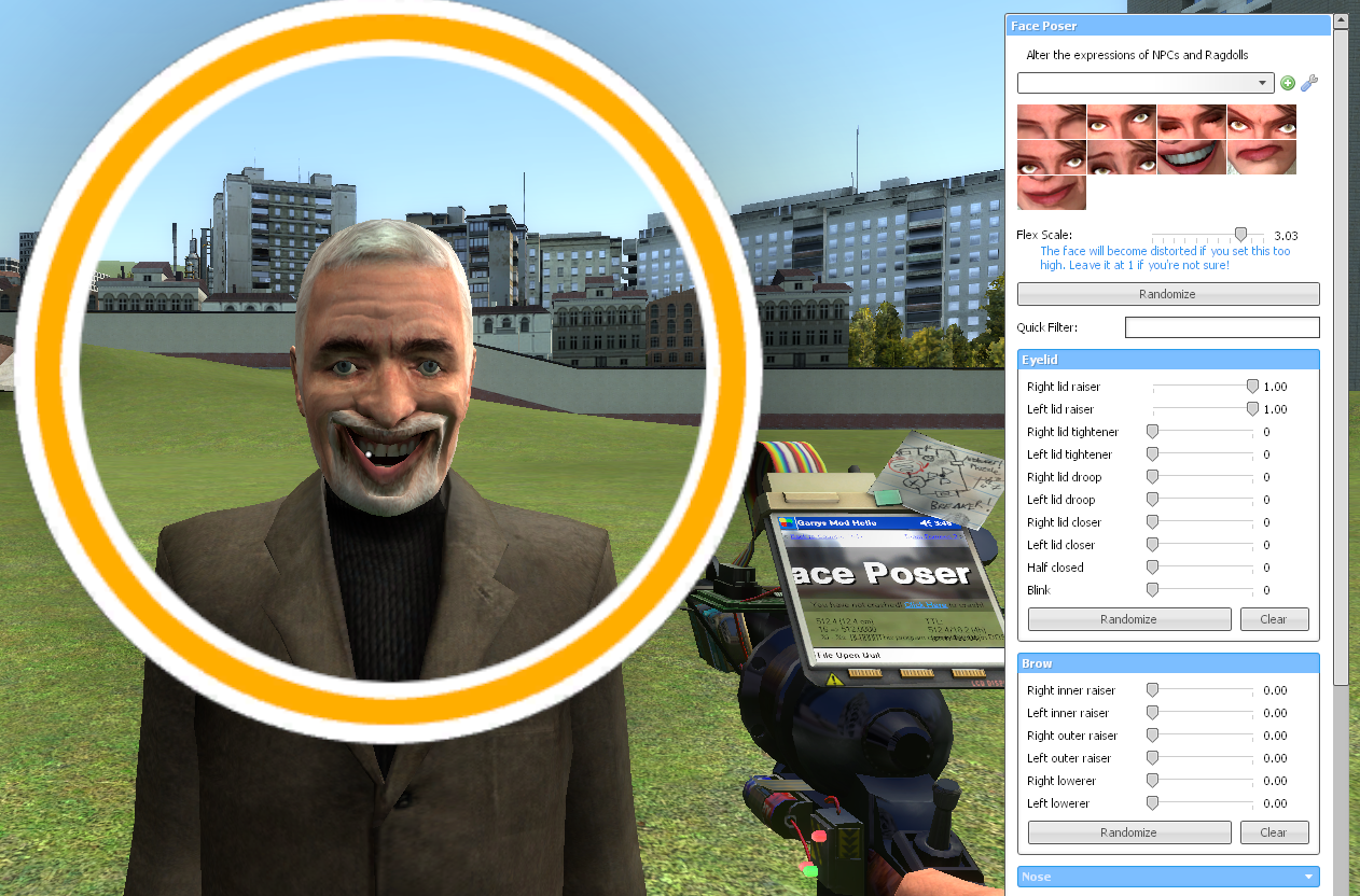 Half-Life's Dr Breen gurns horribly as the player adjusts his expression in Garry's Mod's faceposer tool.