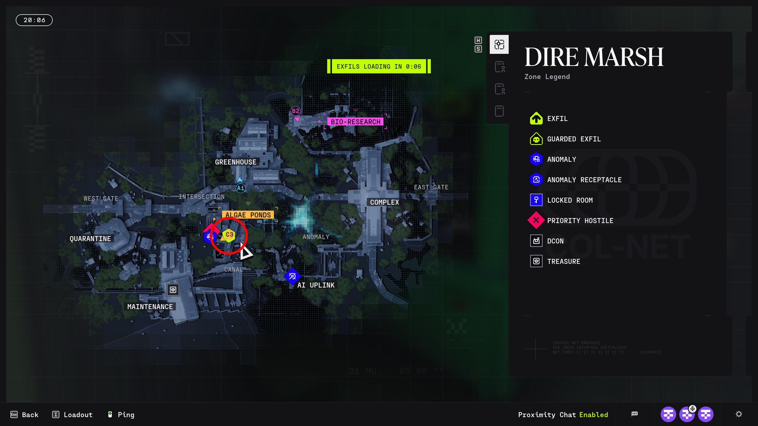Marathon Equitable Distribution: A map of Dire Marsh with a red circle highlighting the location of the UESC security terminal to summon a Transport Drone in Algae Ponds.