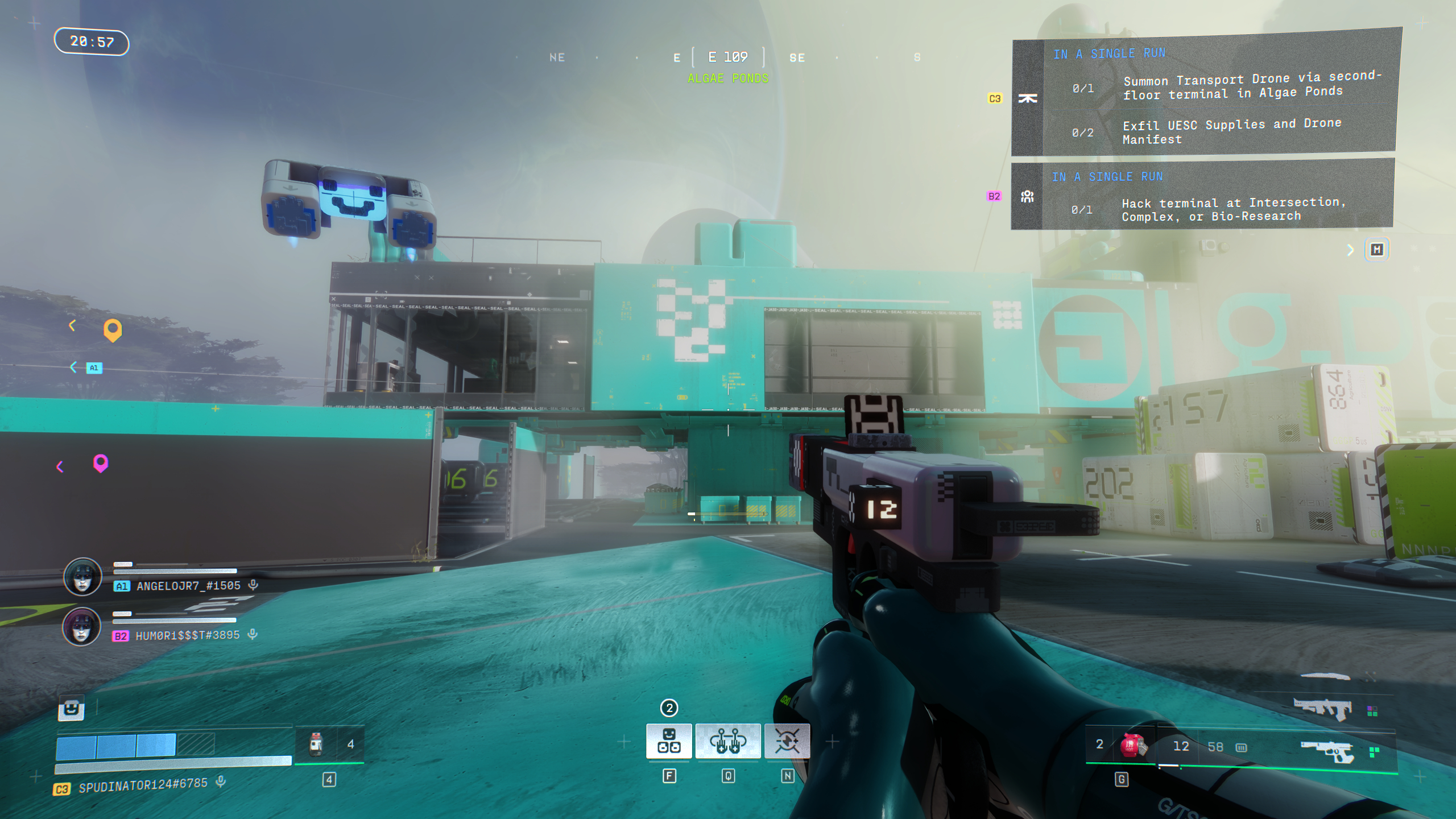 Marathon Equitable Distribution: A player looking at a cyan building in the Algae Ponds region of Dire Marsh.