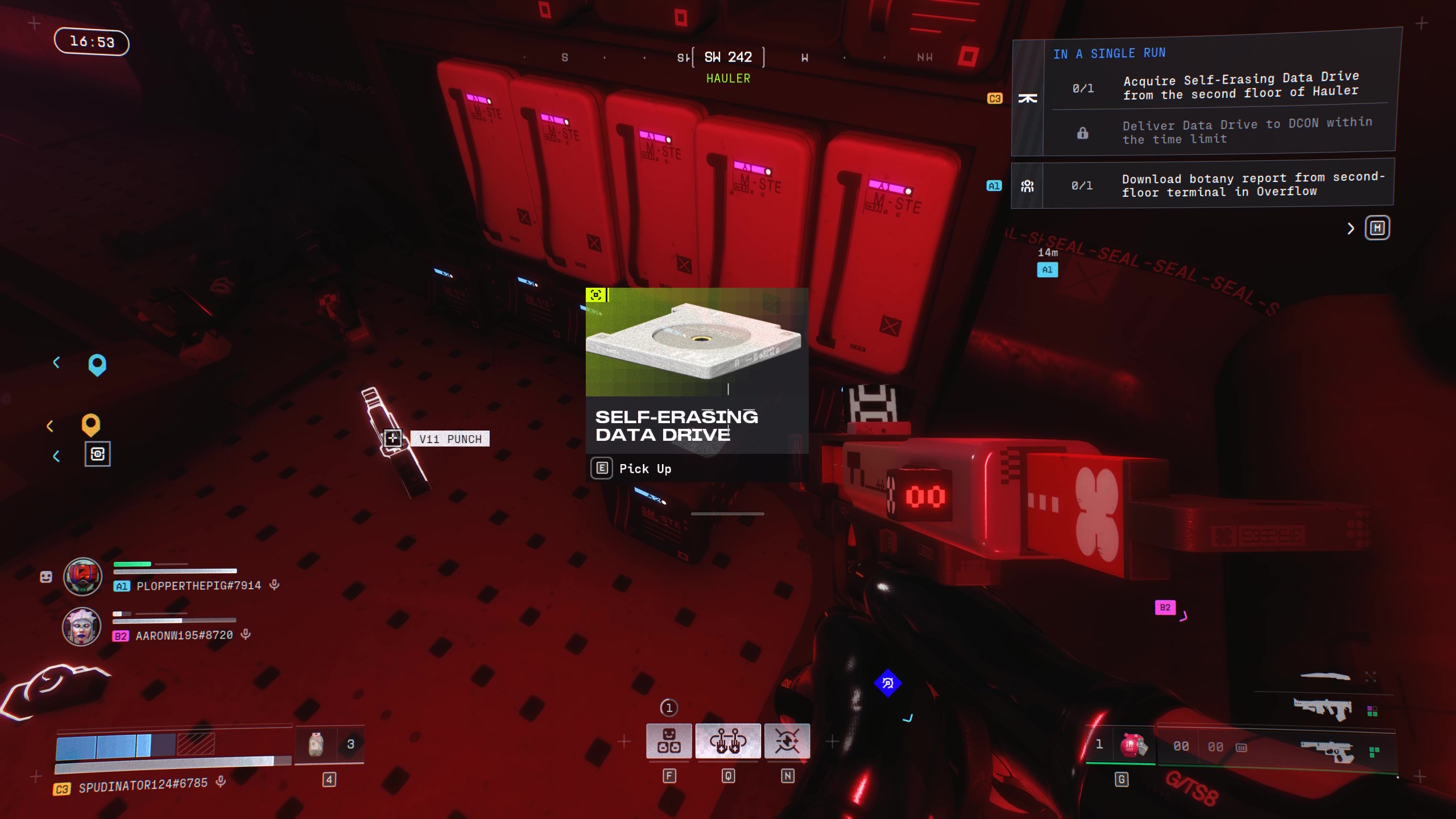 Marathon Equitable Distribution: A player looking at the Self-Erasing Data Drive on the floor inside Hauler.