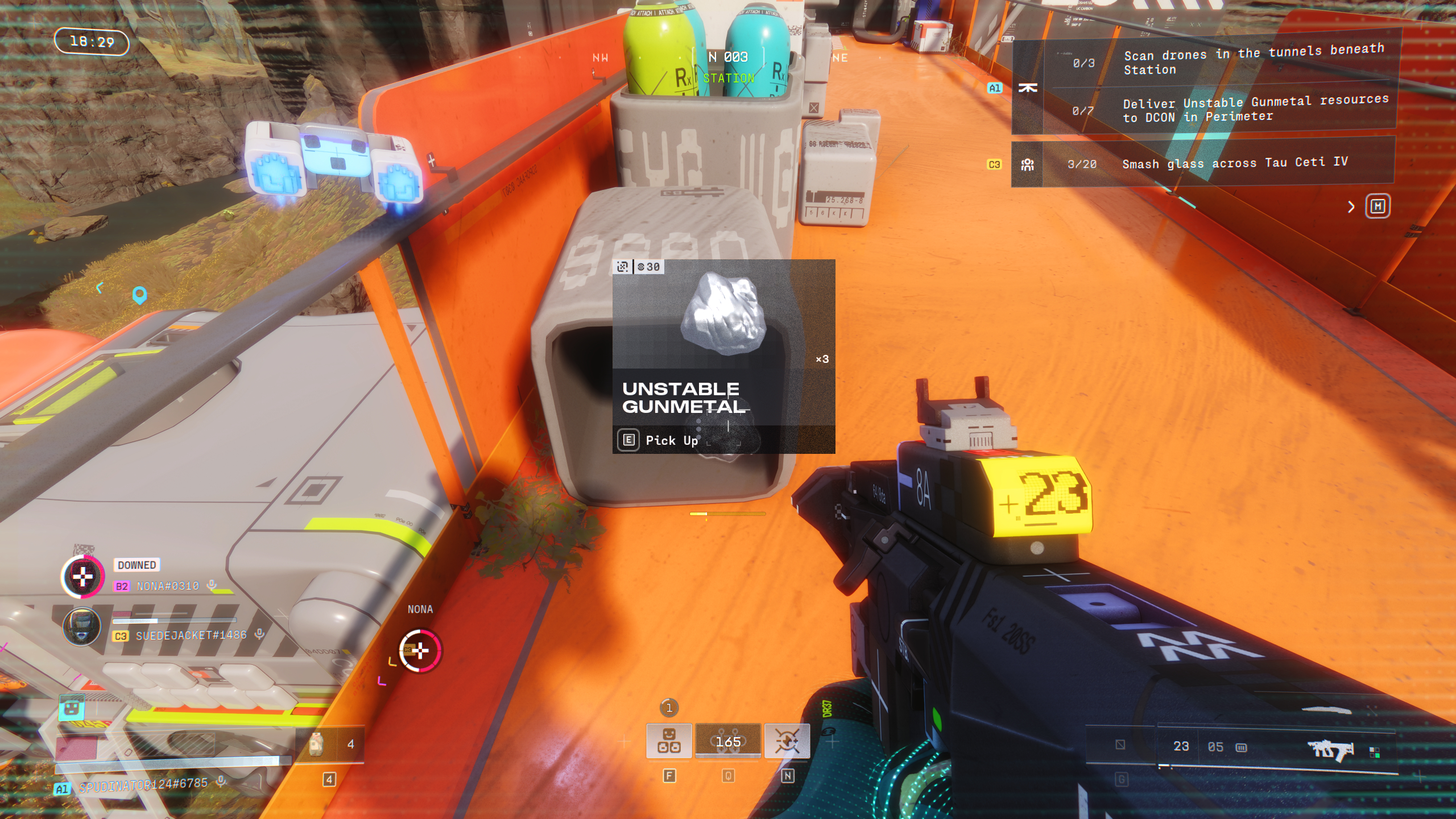 Marathon Equitable Distribution: A player looking at Unstable Gunmetal inside a crate on an orange walkway.