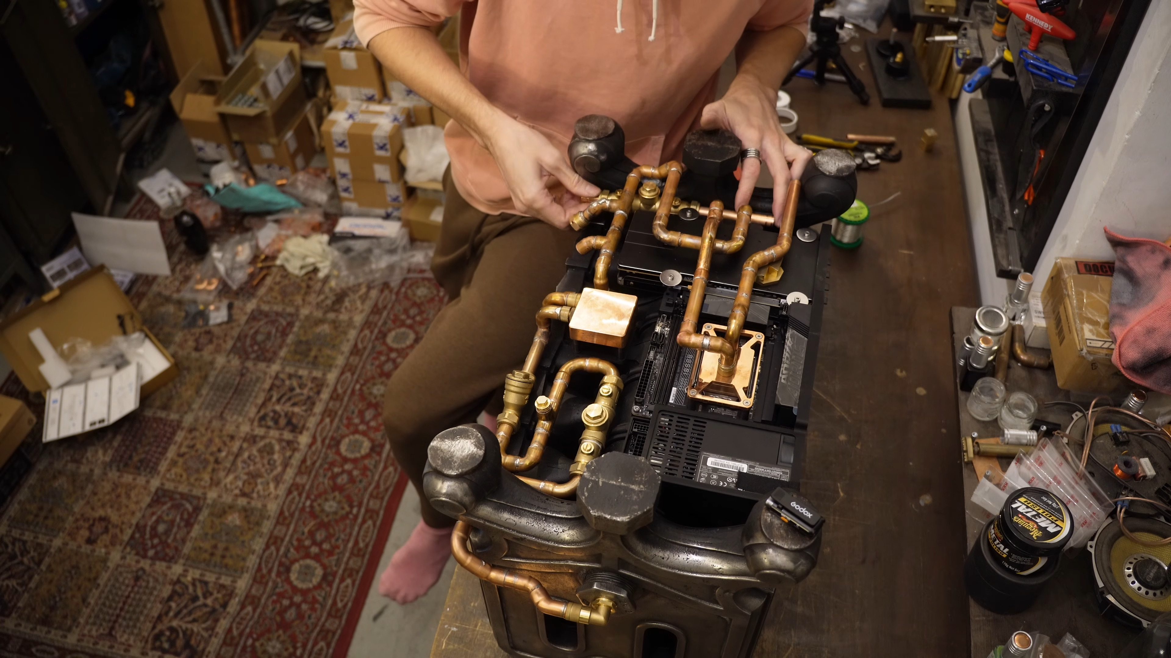 The underside cooling pipes of Billet Labs' radiator PC project