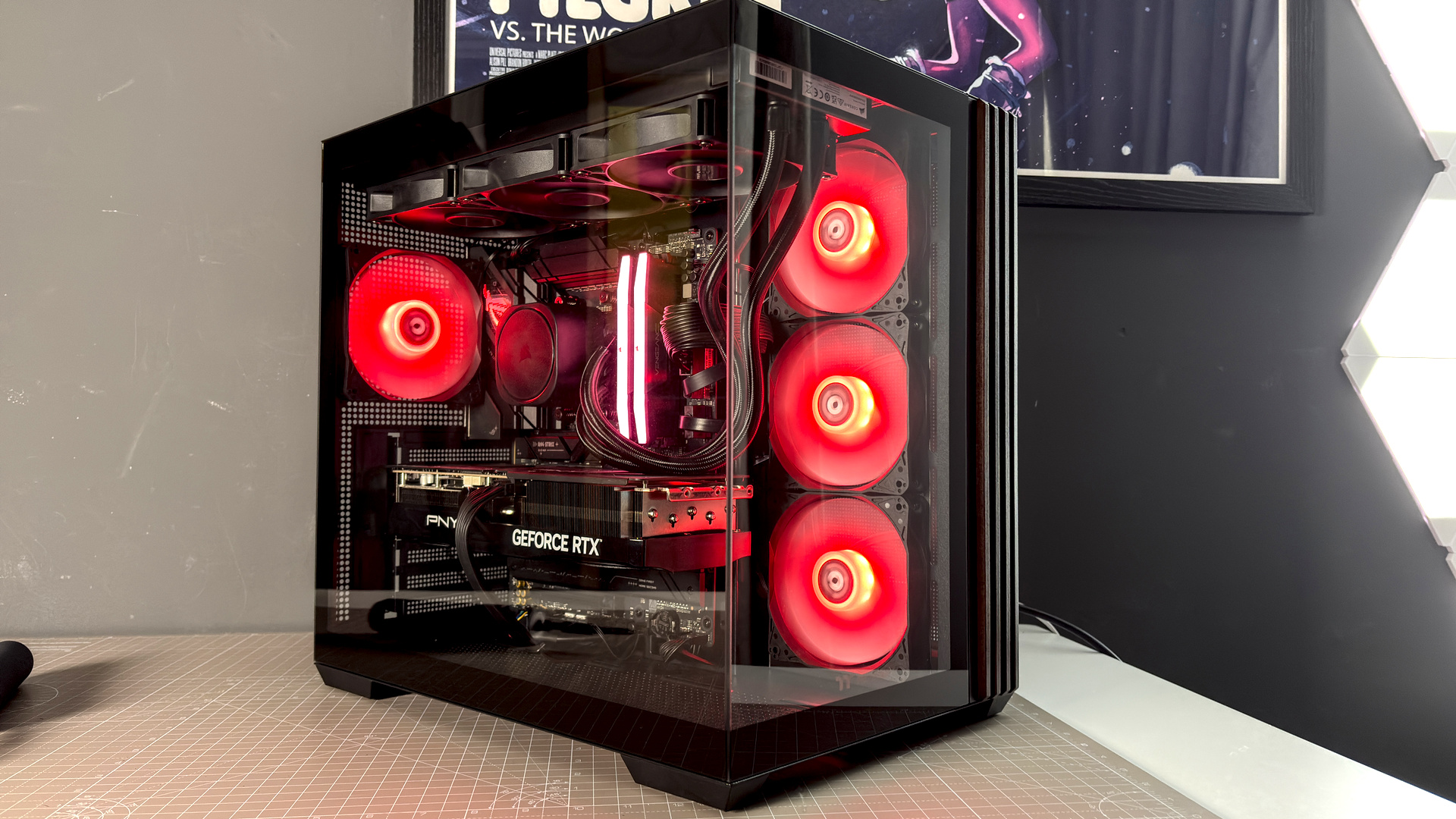 The Thermaltake View 380 WS ARGB on a desk with various components fitted.