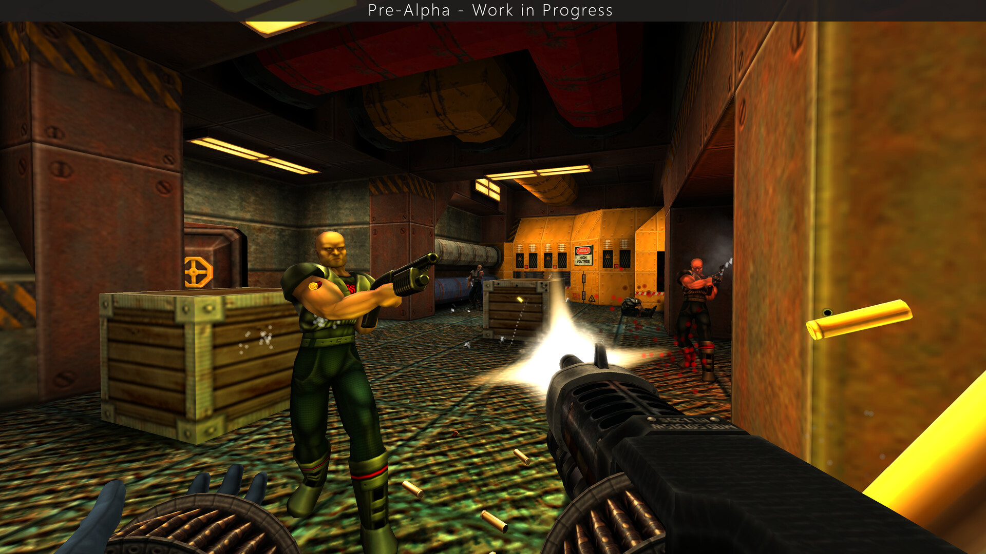 Shooting up a corridor filled with foes.