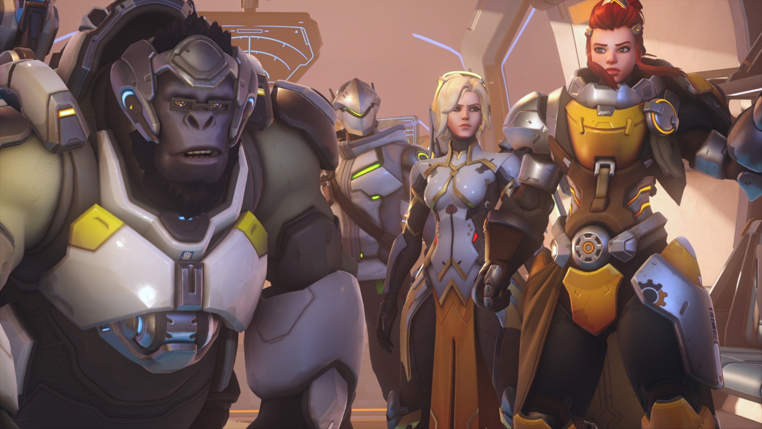 Winston, Genji, Mercy, and Brigitte